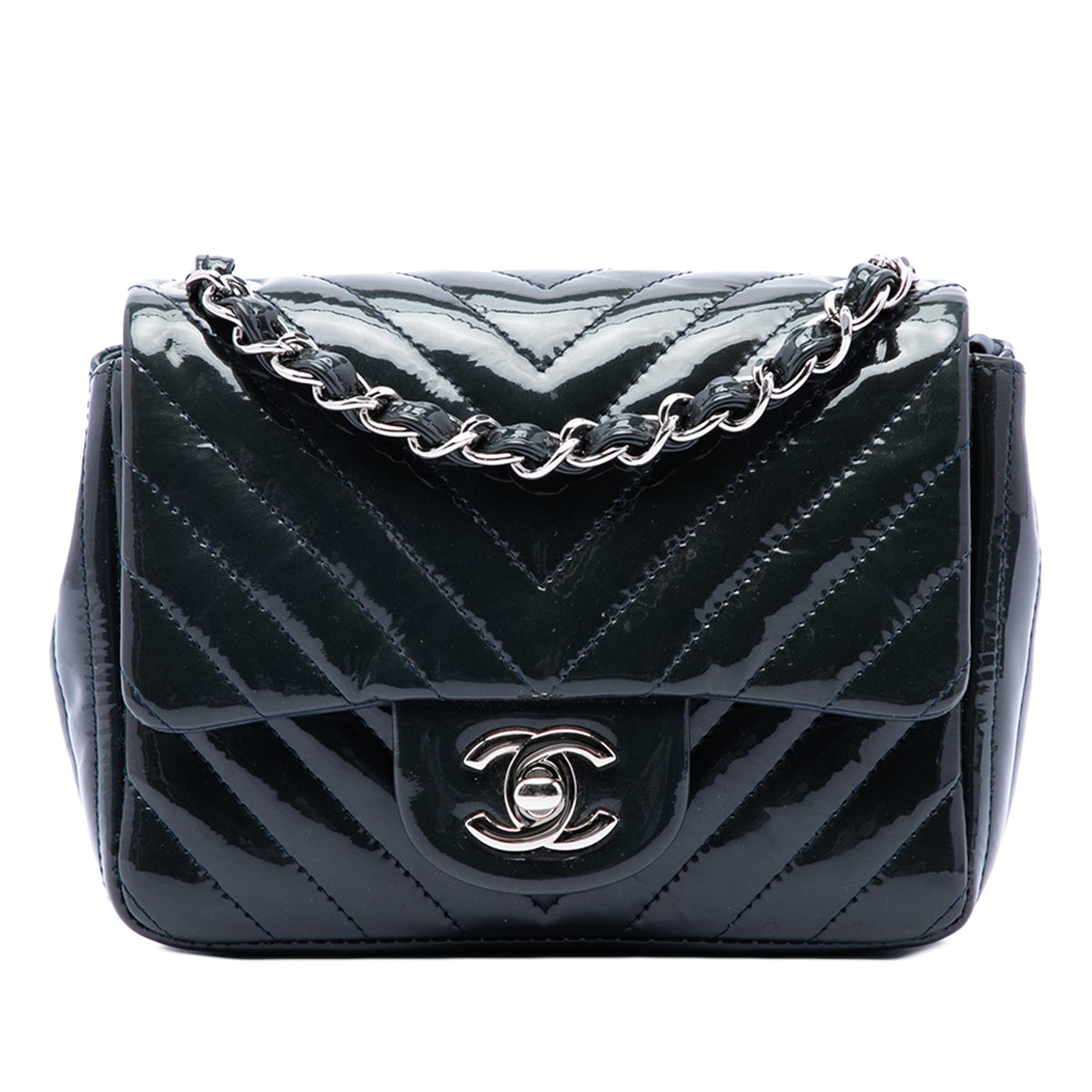 Chanel Mini Square Classic Chevron Patent Single Flap