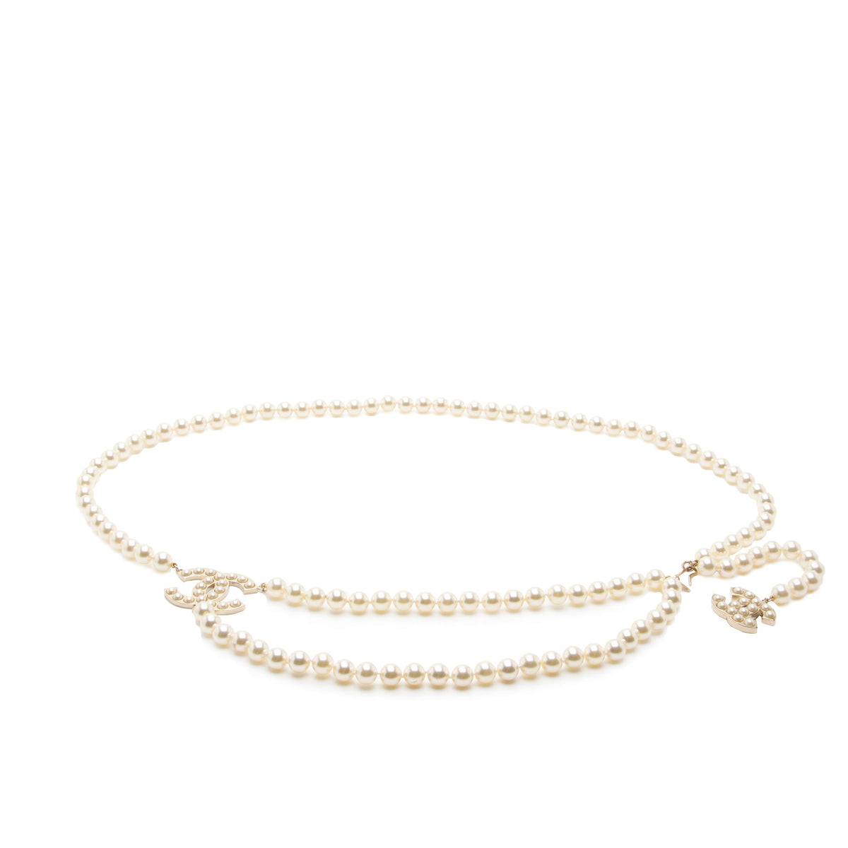 Chanel Pearl CC Logo Chain Belt 332 333 Set Gold CHANEL Pearl Belt-Necklace Double Strand CC Logo Charm C  main image 3