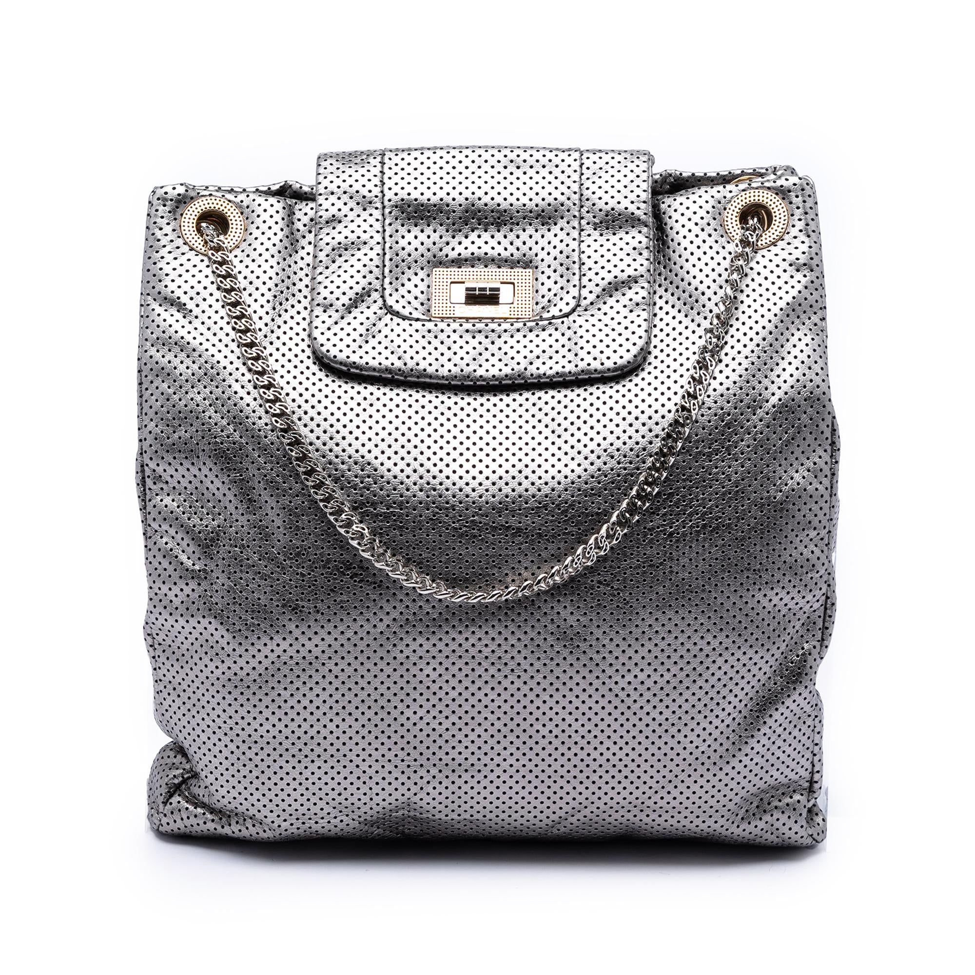 Chanel Perforated Crackled Metallic Calfskin Drill Tote