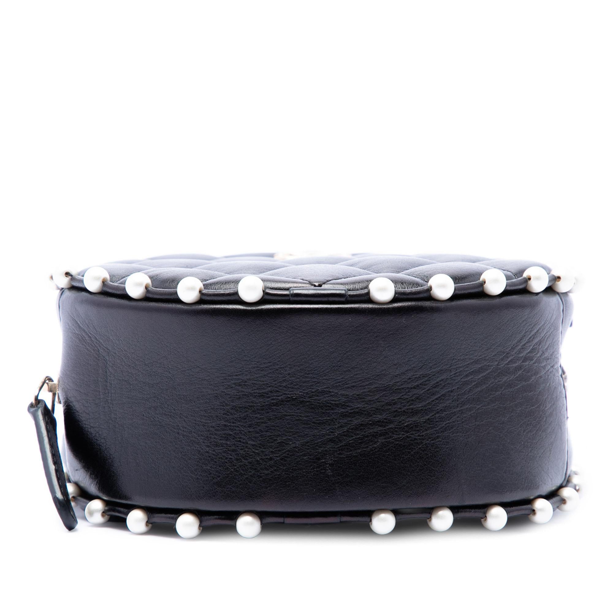 Chanel Quilted Calfskin Pearl Studded Round Clutch with Chain