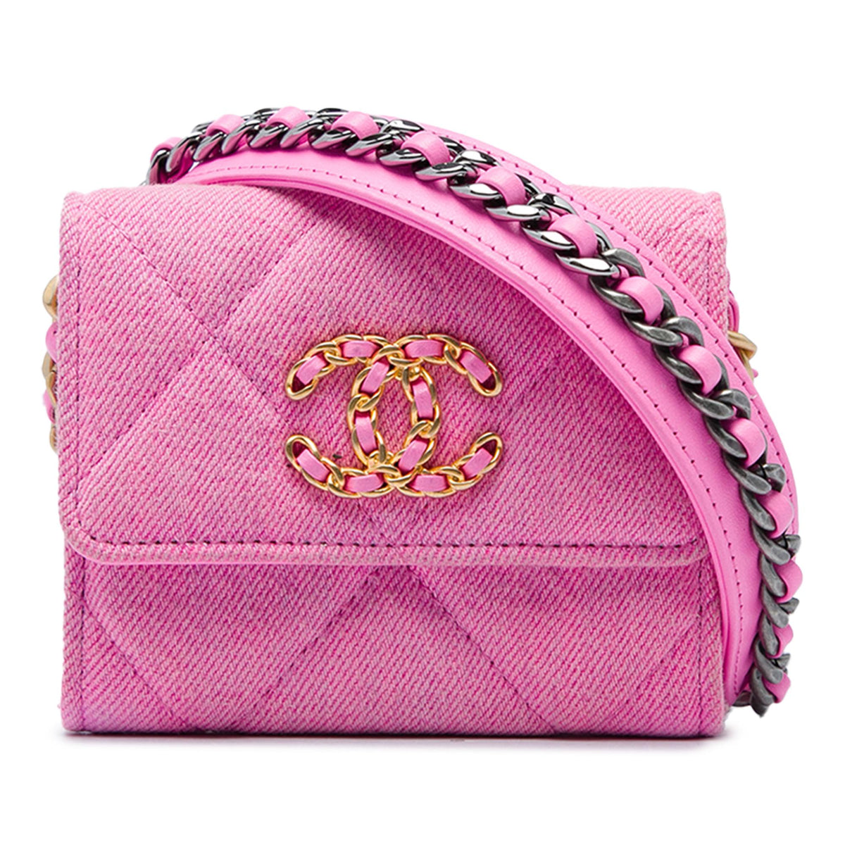 Chanel Quilted Denim 19 Flap Coin Purse With Chain