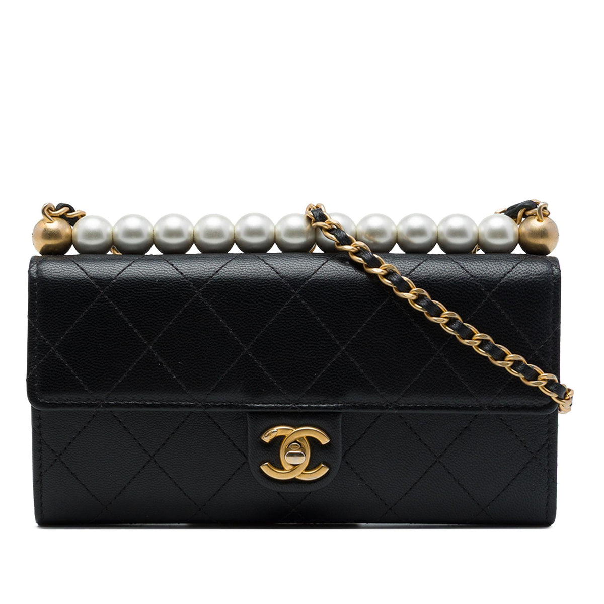 Chanel Quilted Goatskin Chic Pearls Clutch with Chain