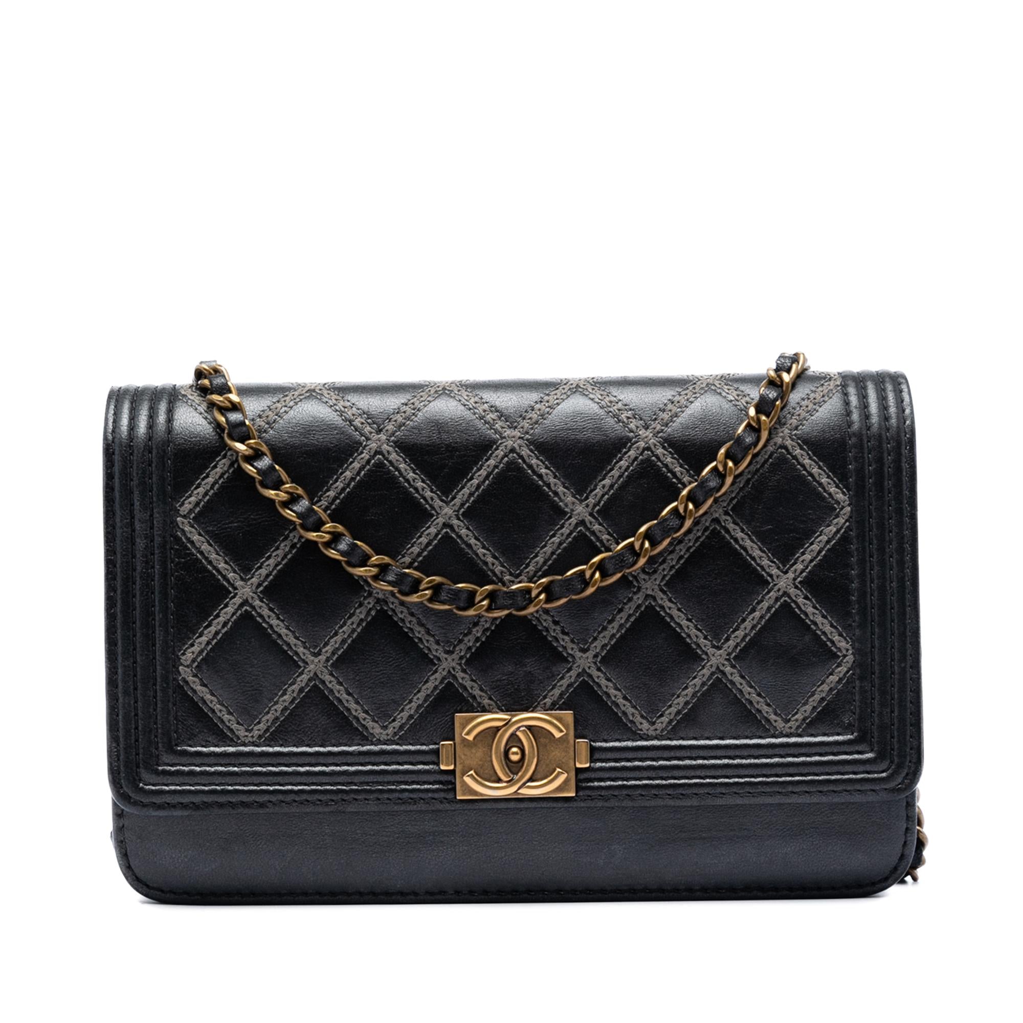 Chanel Quilted Lambskin Double Stitch Boy Wallet On Chain