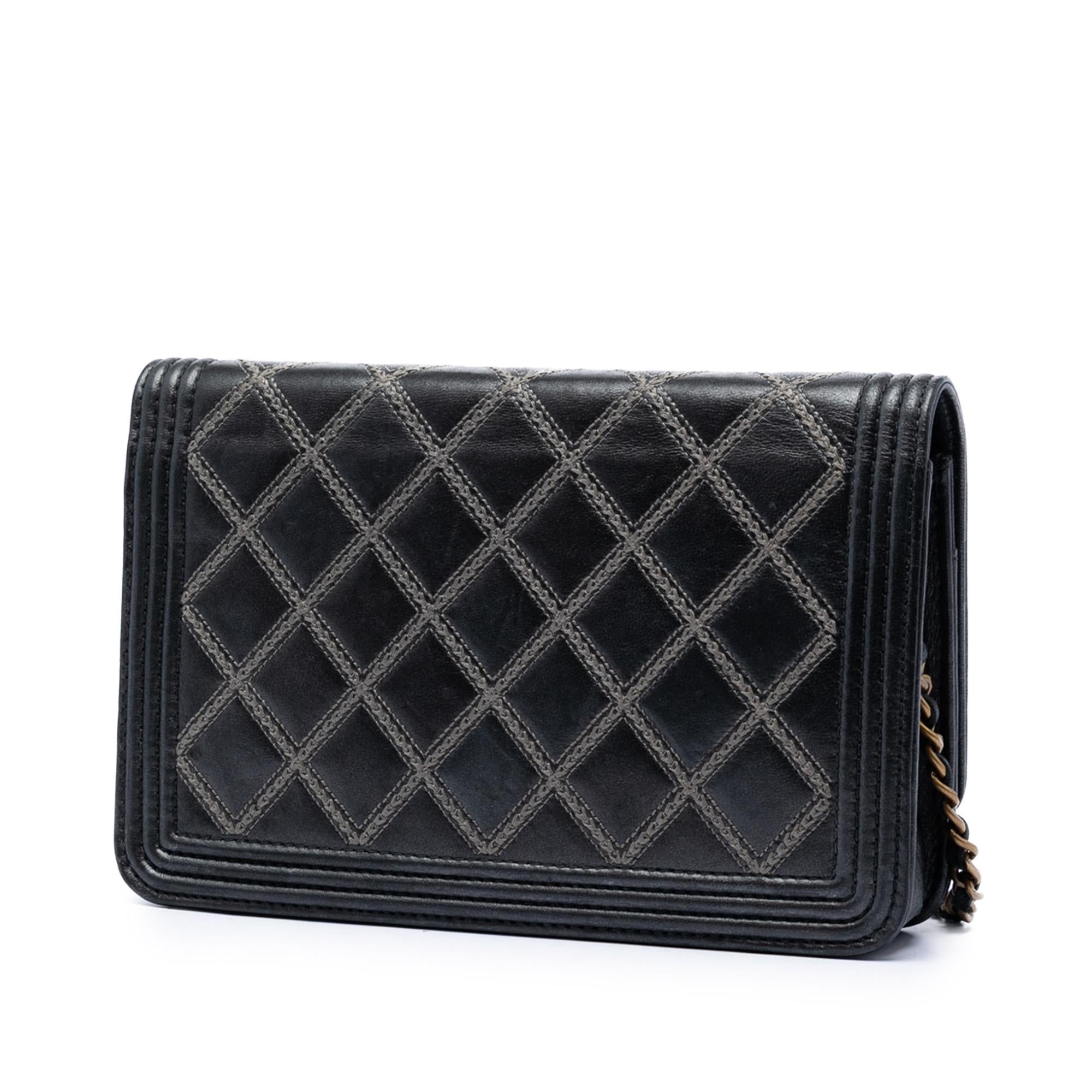 Chanel Quilted Lambskin Double Stitch Boy Wallet On Chain
