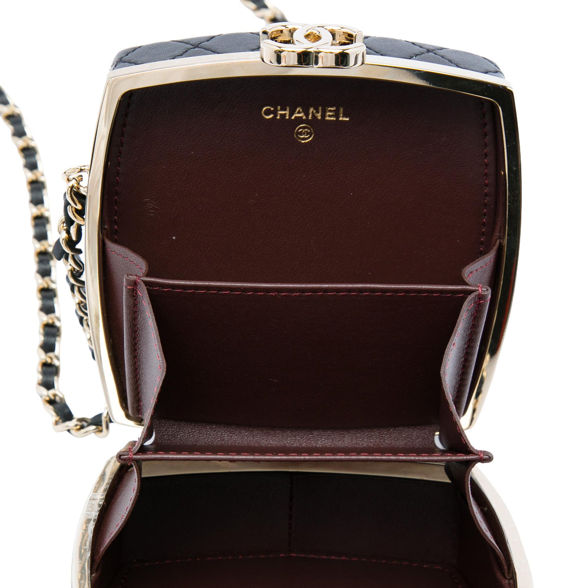 Chanel Quilted Lambskin Make Up Box Clutch With Chain