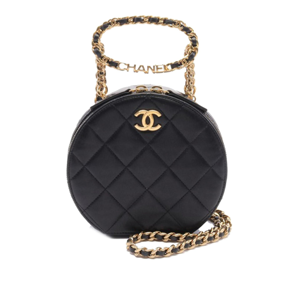 Chanel Quilted Lambskin Oval Logo Chain Top Handle Round Clutch on Chain