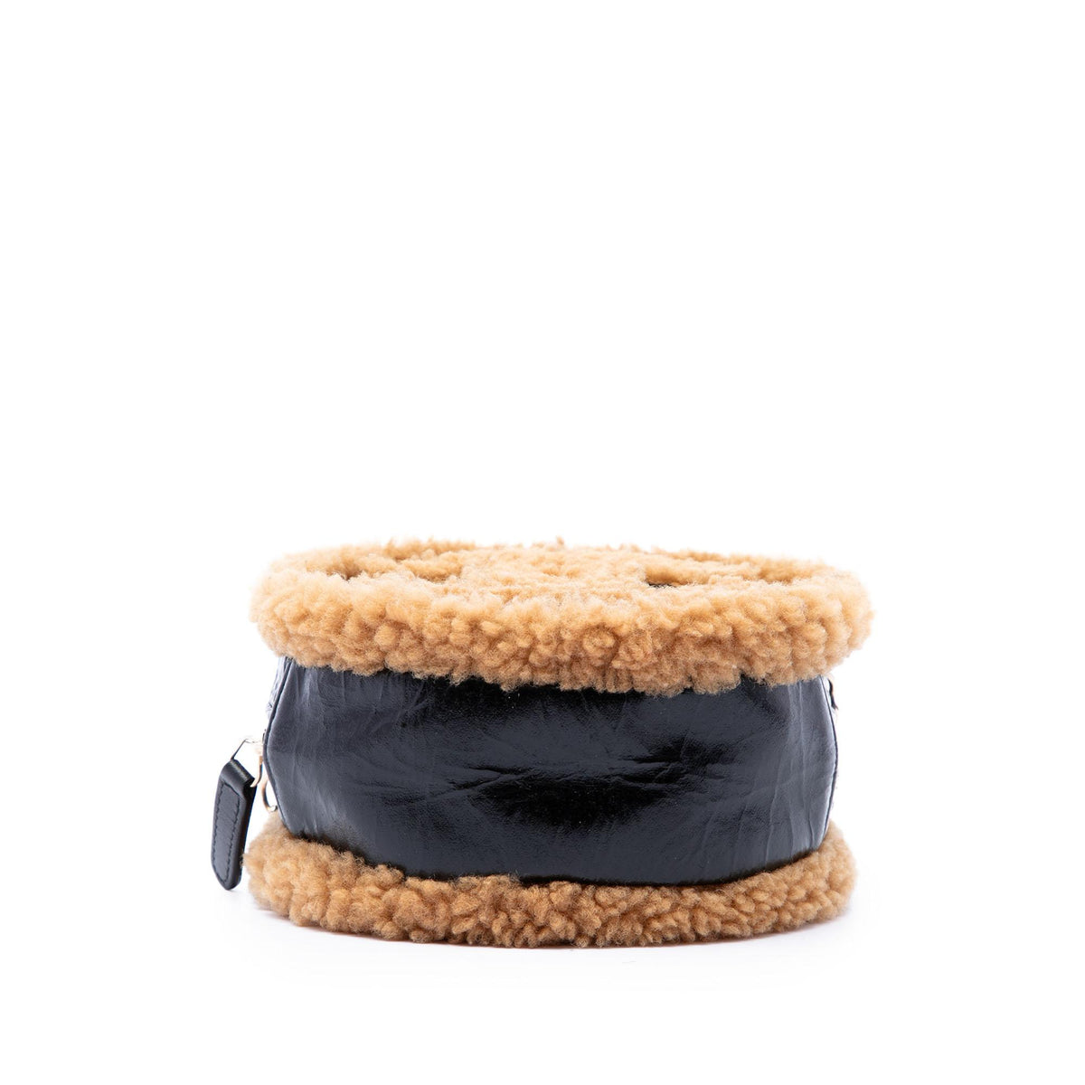 Chanel Shearling Trimmed Shiny Crumpled Sheepskin Round Clutch with Chain