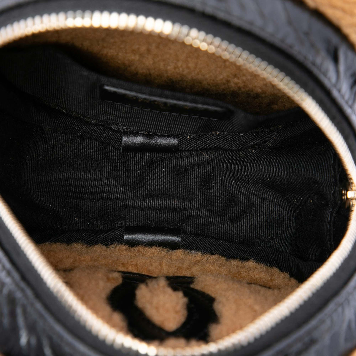Chanel Shearling Trimmed Shiny Crumpled Sheepskin Round Clutch with Chain