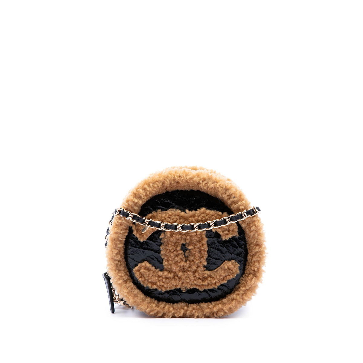 Chanel Shearling Trimmed Shiny Crumpled Sheepskin Round Clutch with Chain
