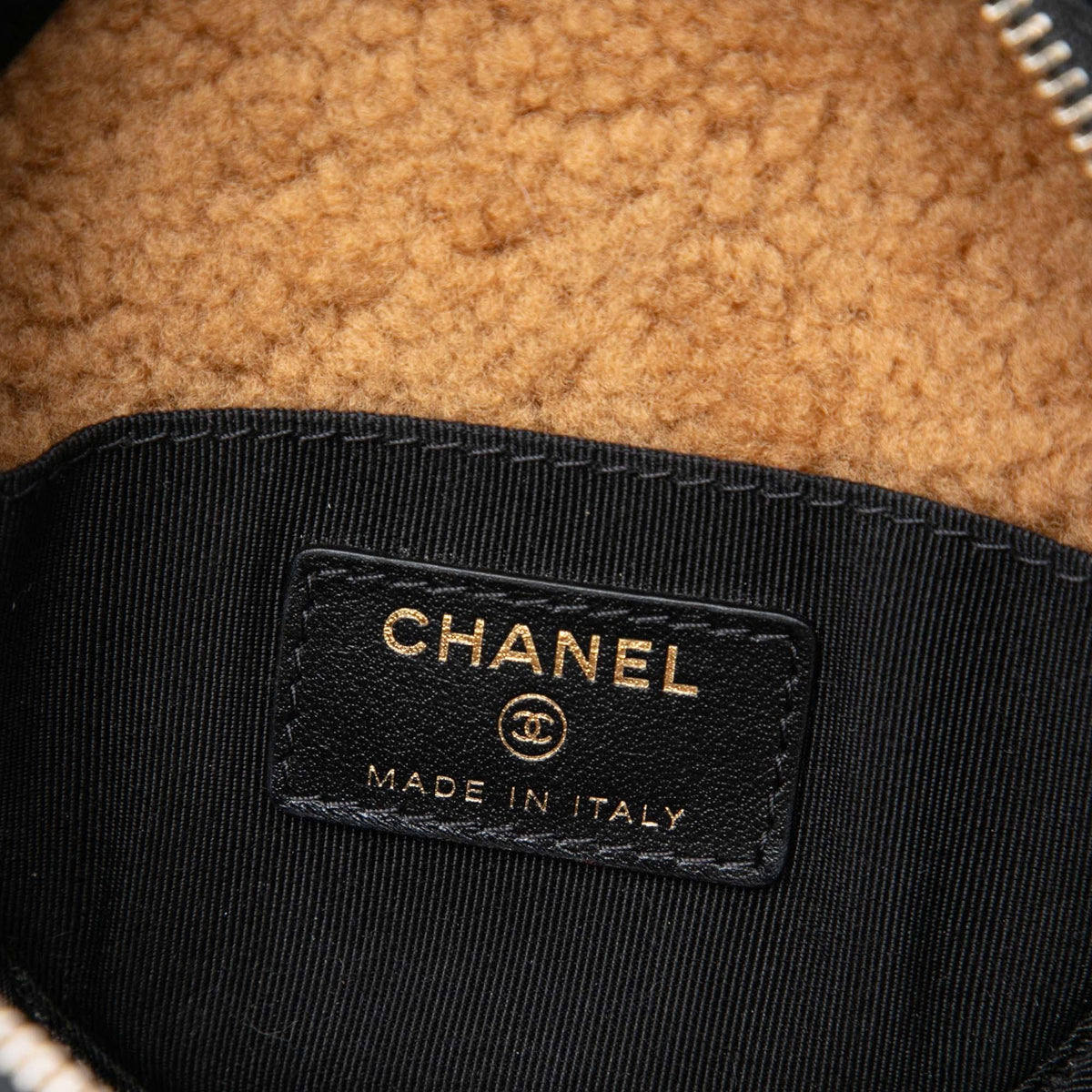 Chanel Shearling Trimmed Shiny Crumpled Sheepskin Round Clutch with Chain