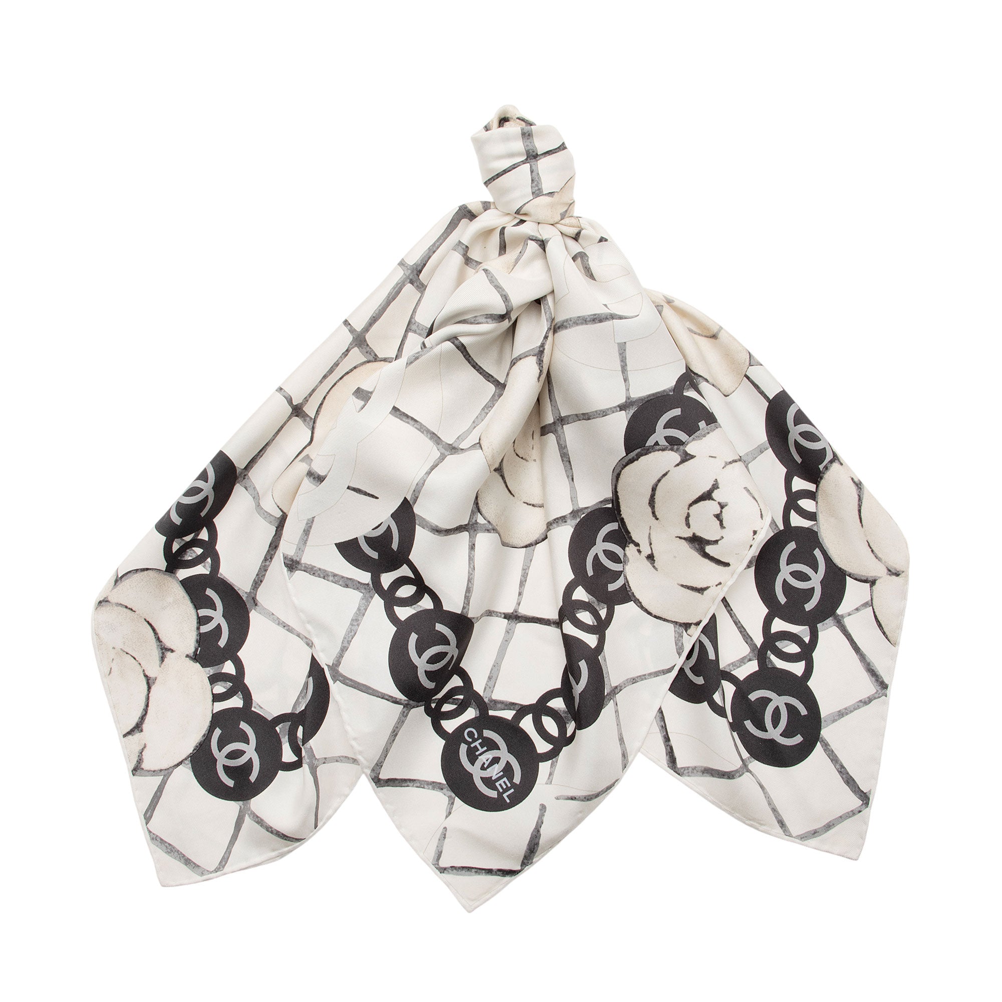 Chanel Silk Camellia CC Square Scarf (SHF-uNAJam)