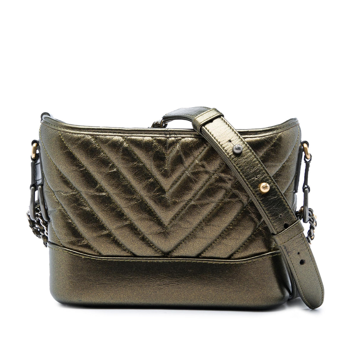Chanel Small Chevron Quilted Metallic Aged Calfskin Gabrielle Crossbody