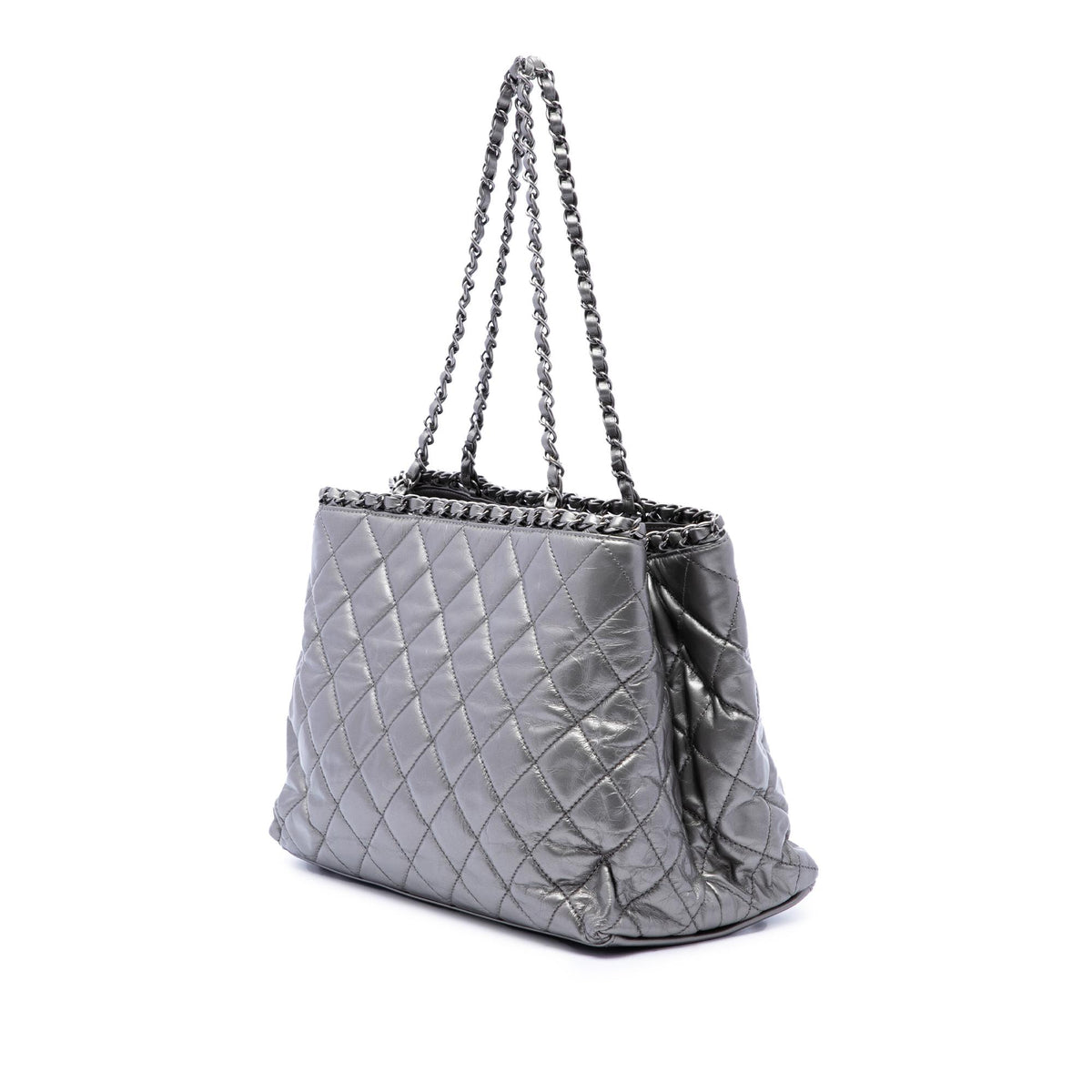 Chanel Small Quilted Metallic Aged Calfskin Chain Me Tote