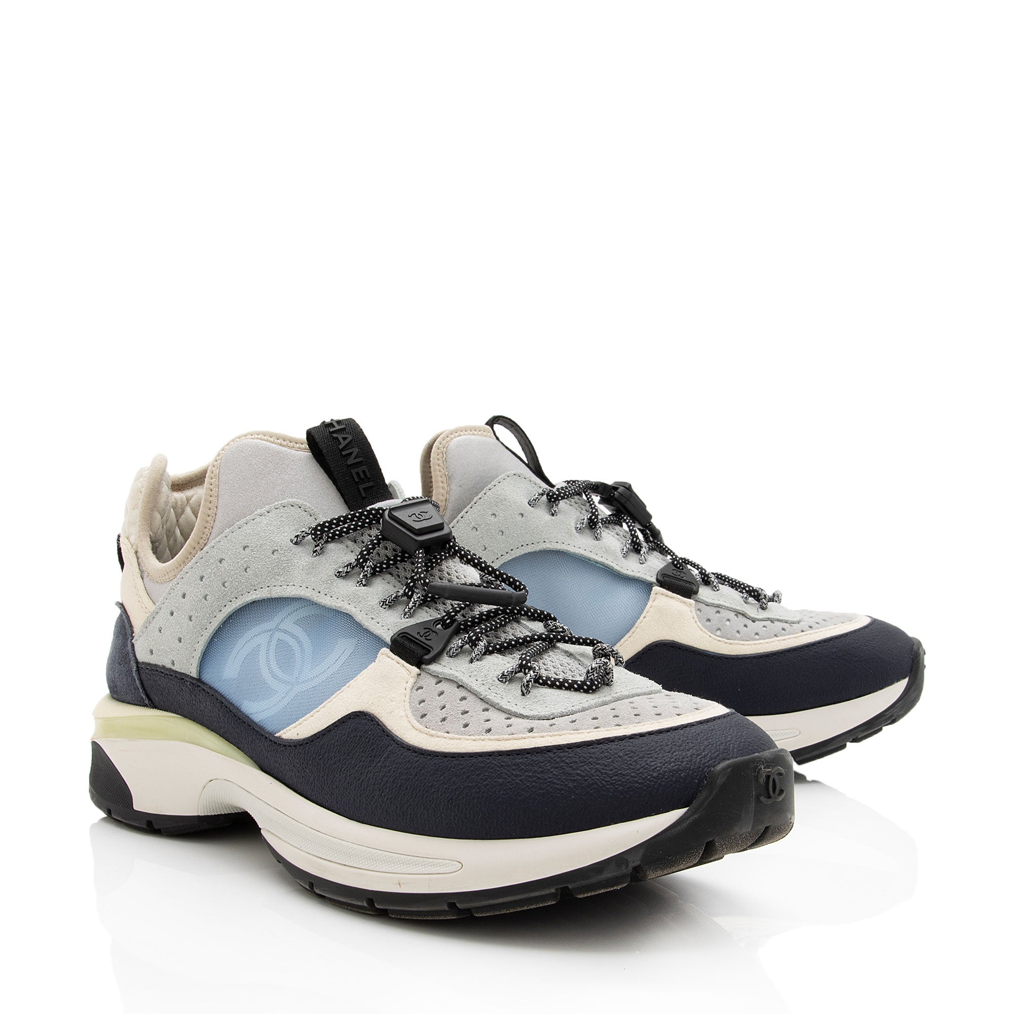 Chanel Suede Calfskin Quilted Fabric CC Sneakers - Size 10 / 40 (SHF-A0Zb1v)