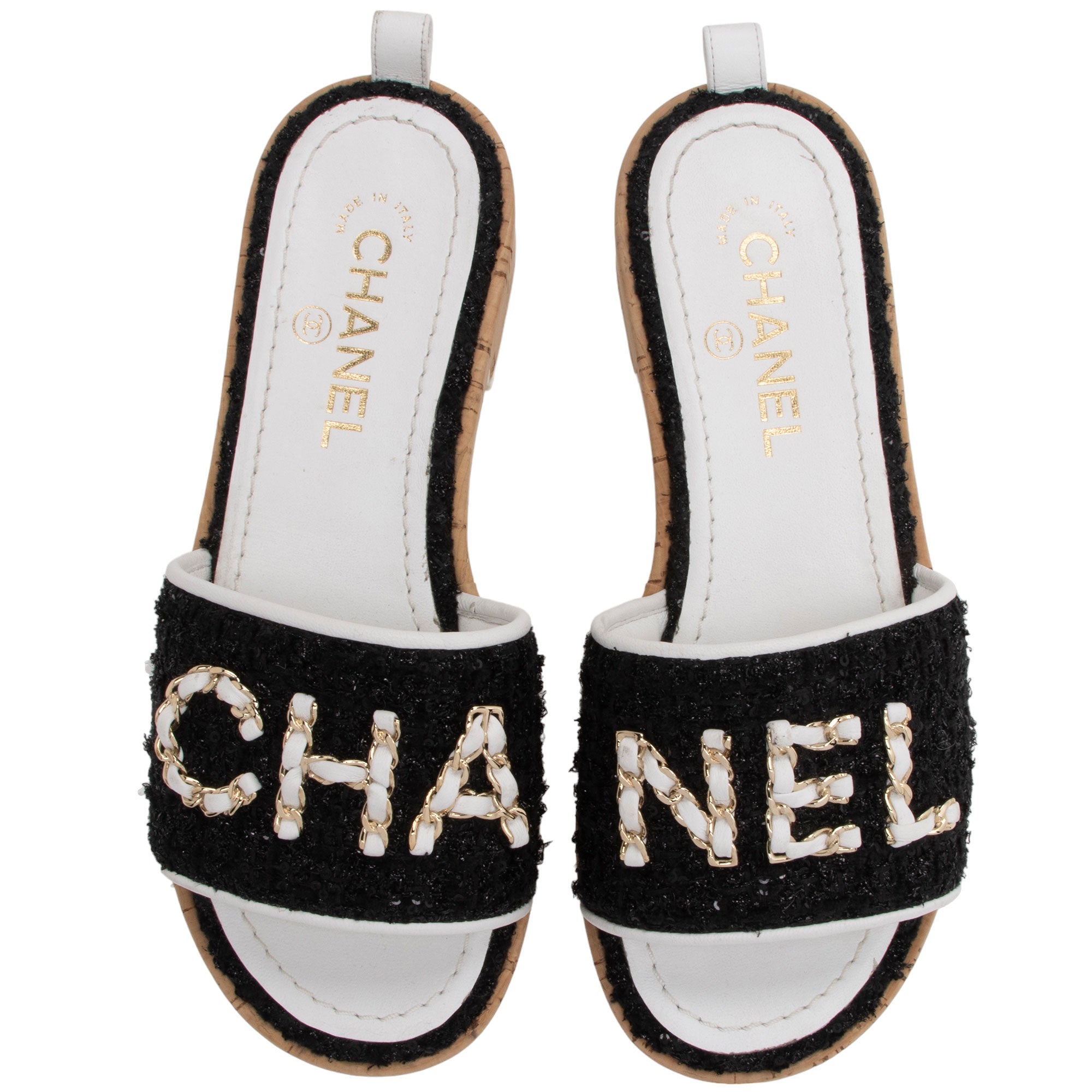 Chanel Tweed Cork CC Chain Slide Sandals - Size 7 / 37 (SHF-qq7zL1)