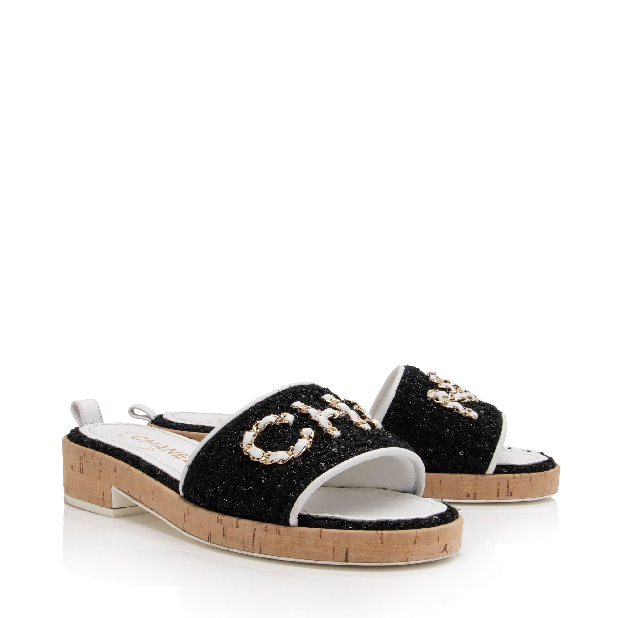 Chanel Tweed Cork CC Chain Slide Sandals - Size 7 / 37 (SHF-qq7zL1)