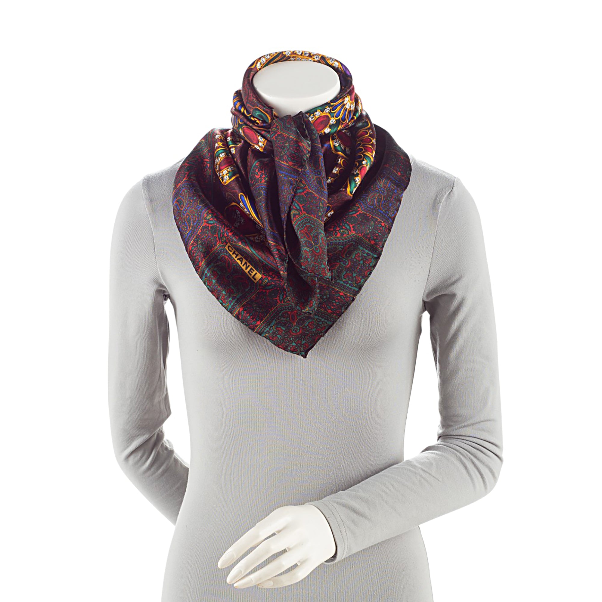 Chanel Vintage Silk Gripoix Jewel 90cm Scarf