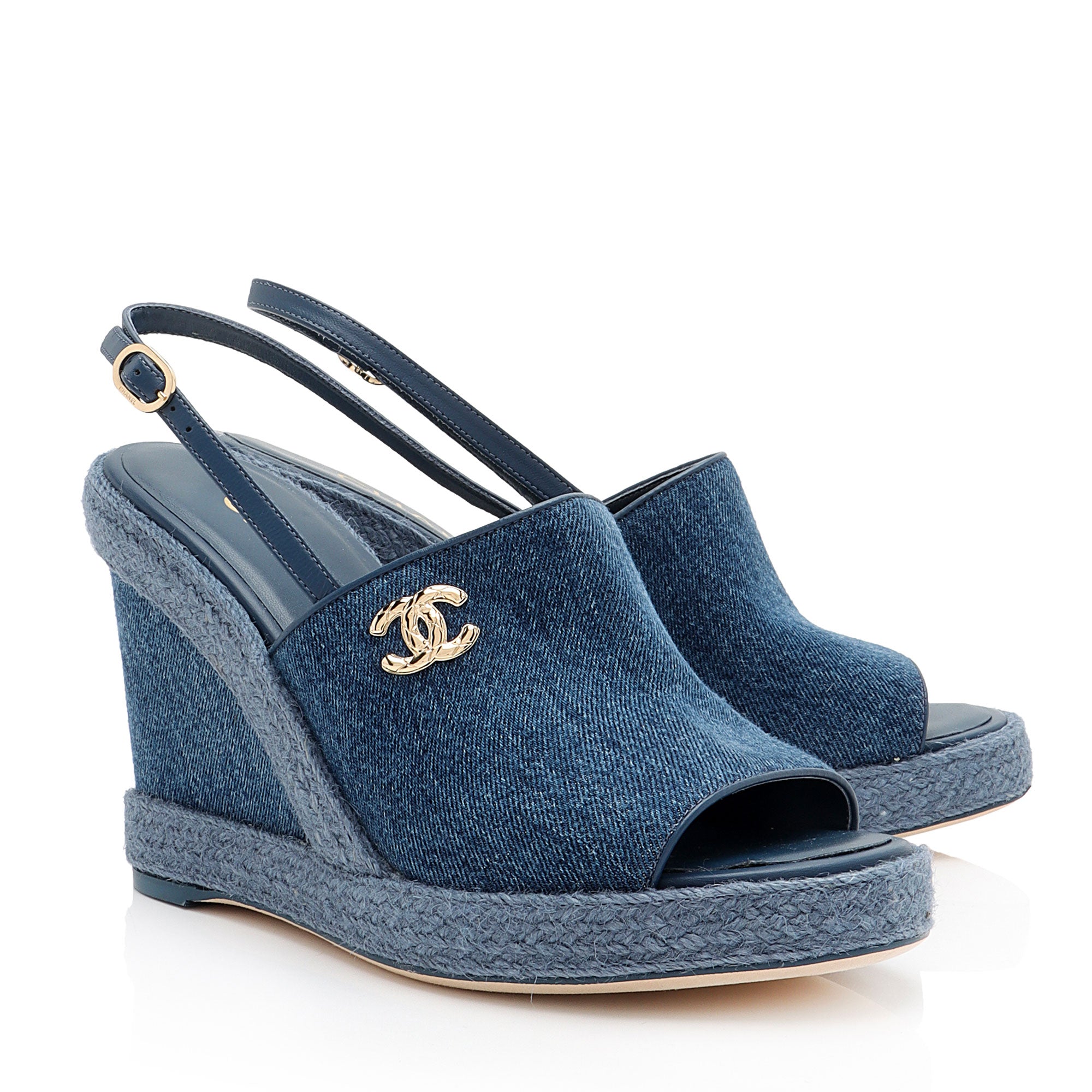 Chanel Washed Denim CC Wedge Sandals - Size 8.5 / 39.5