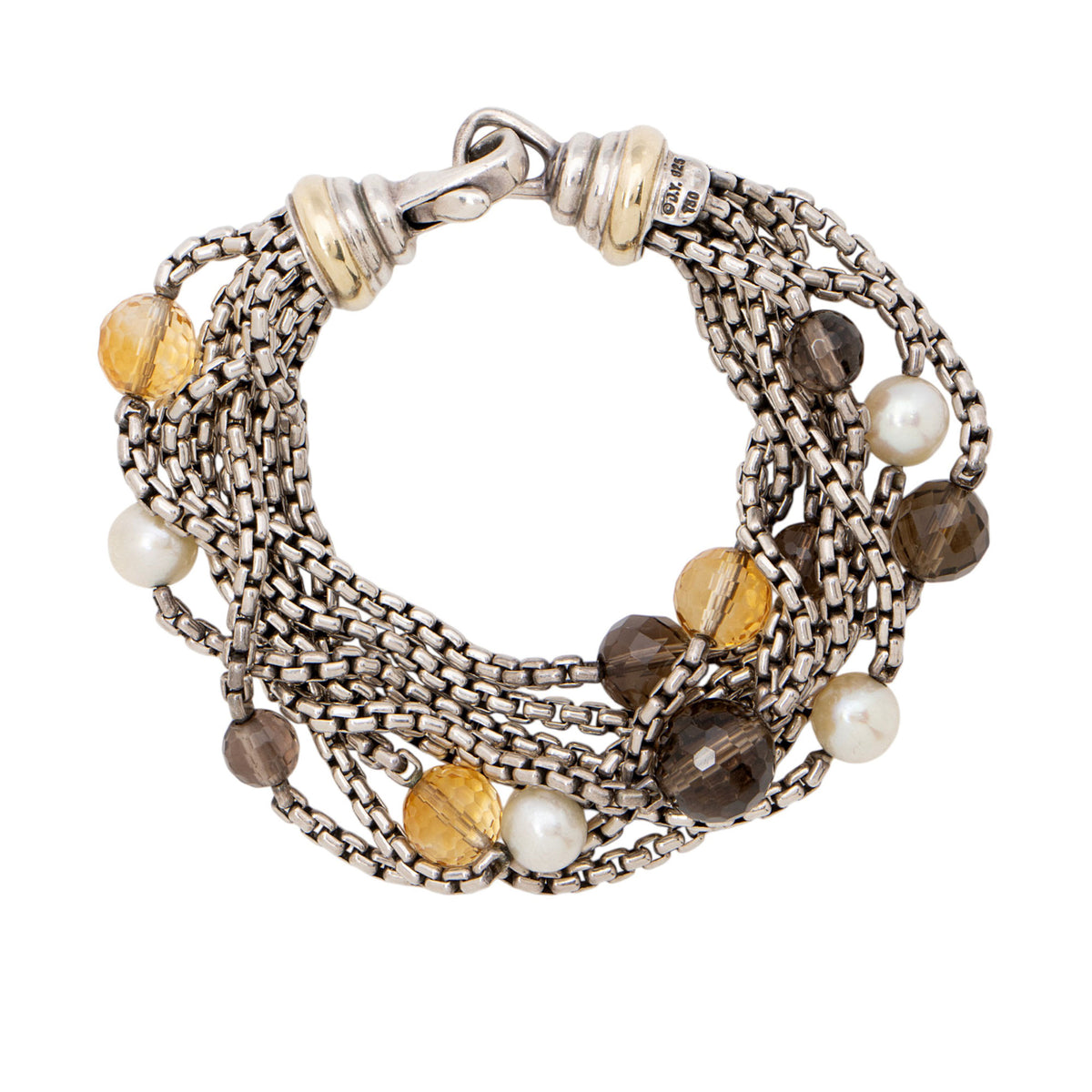 David Yurman Sterling Silver 18k Gold Pearl Smoky Quartz Multistrand Bracelet