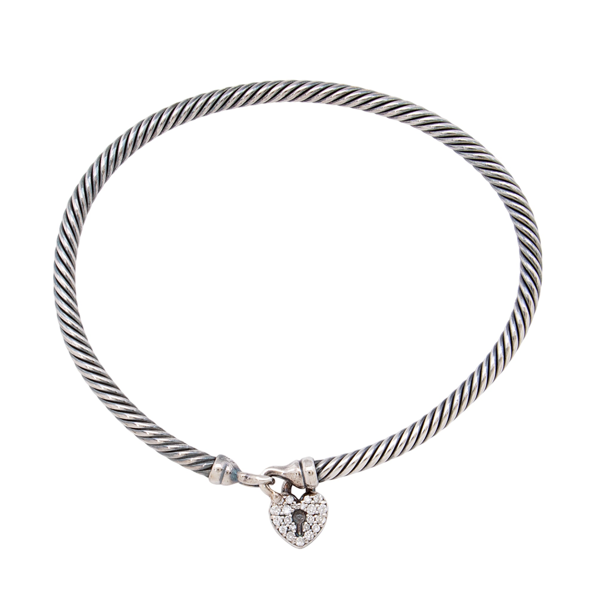 David Yurman Sterling Silver Diamond Heart Padlock Cable 3mm Bracelet (SHF-94KYcU)