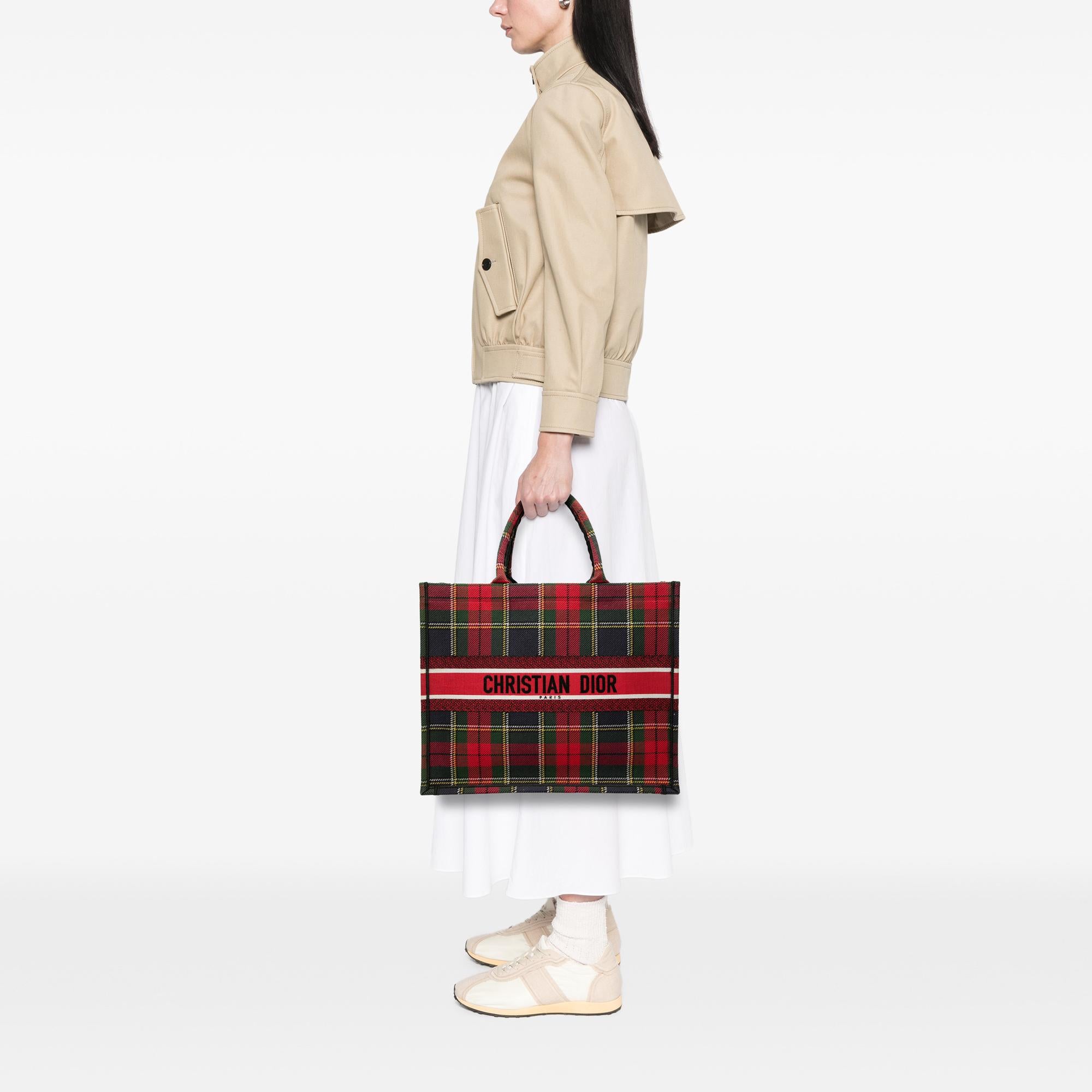 Dior Large Embroidered Canvas Tartan Check Book Tote