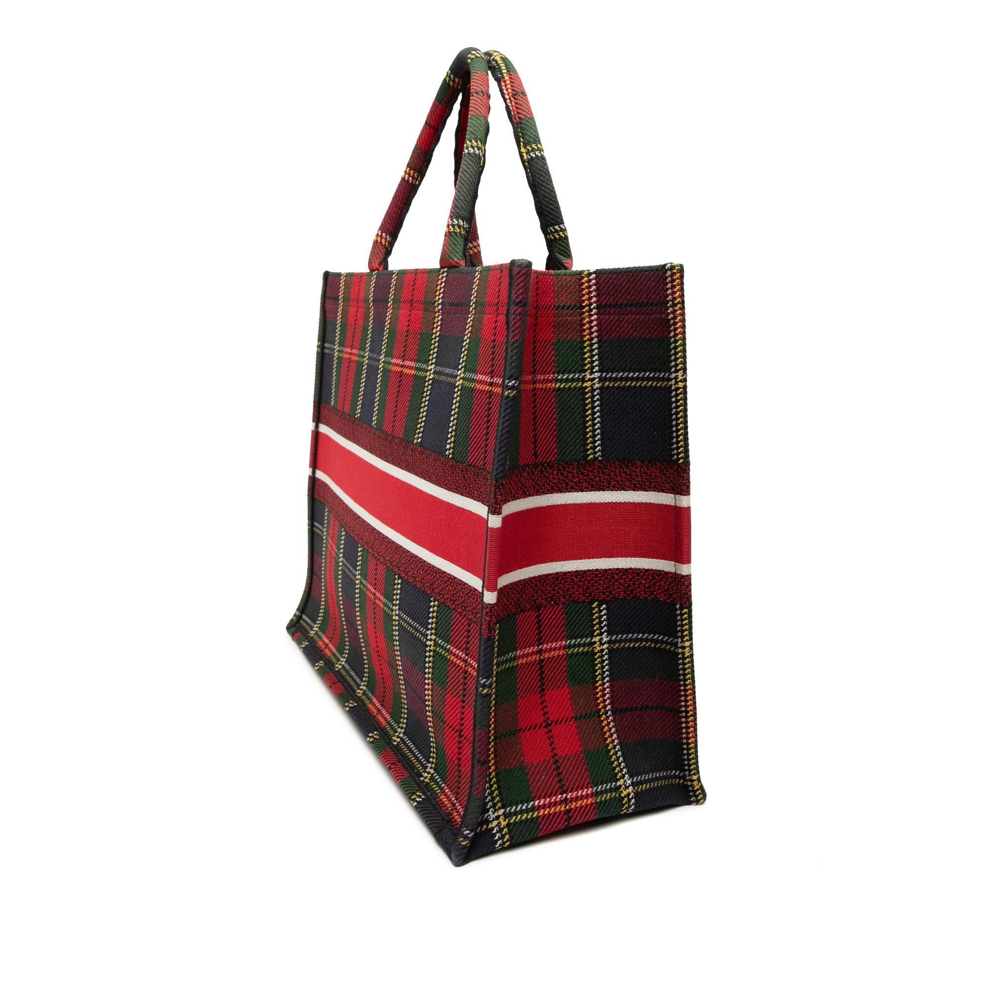 Dior Large Embroidered Canvas Tartan Check Book Tote