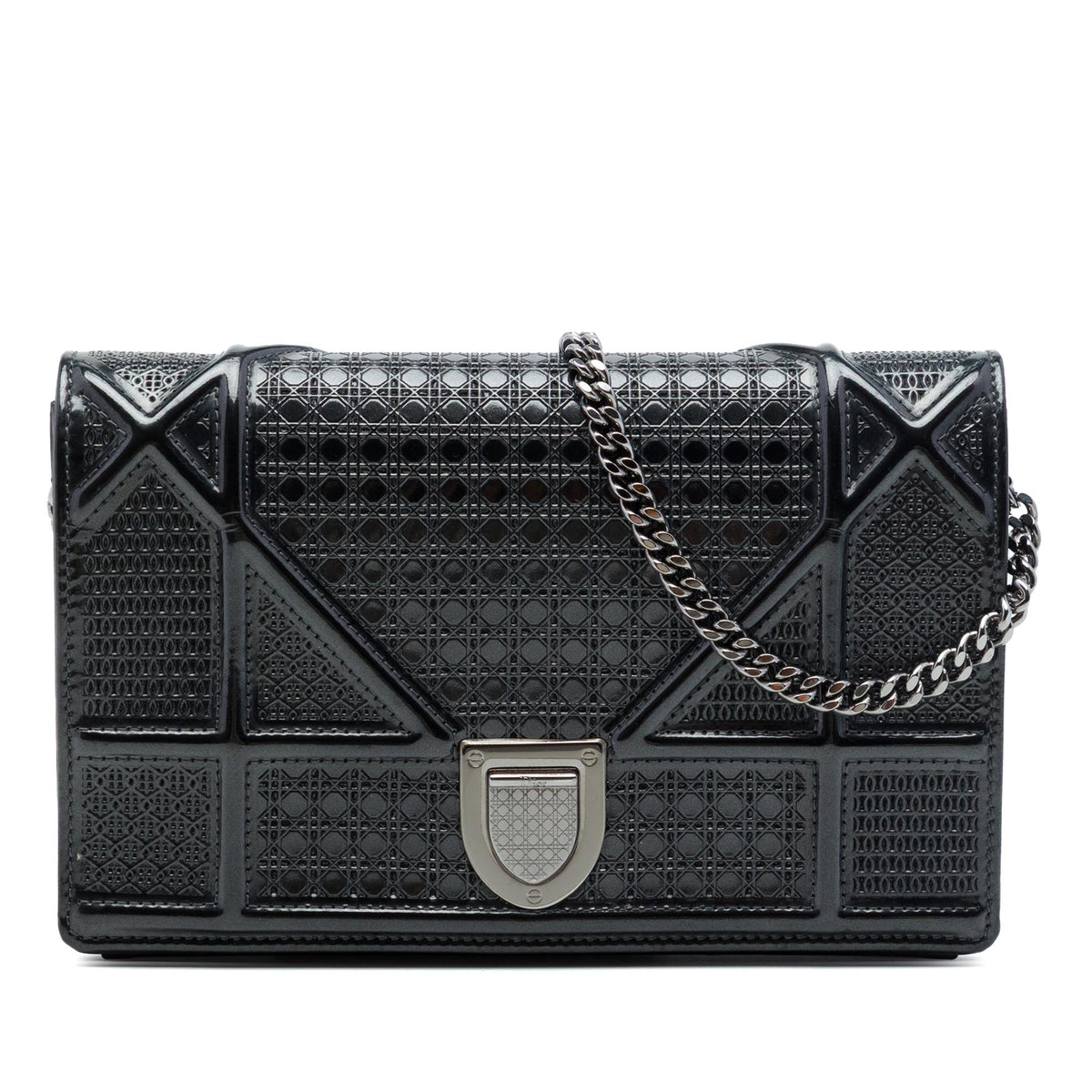 Dior Metallic Patent Microcannage Diorama Wallet on Chain