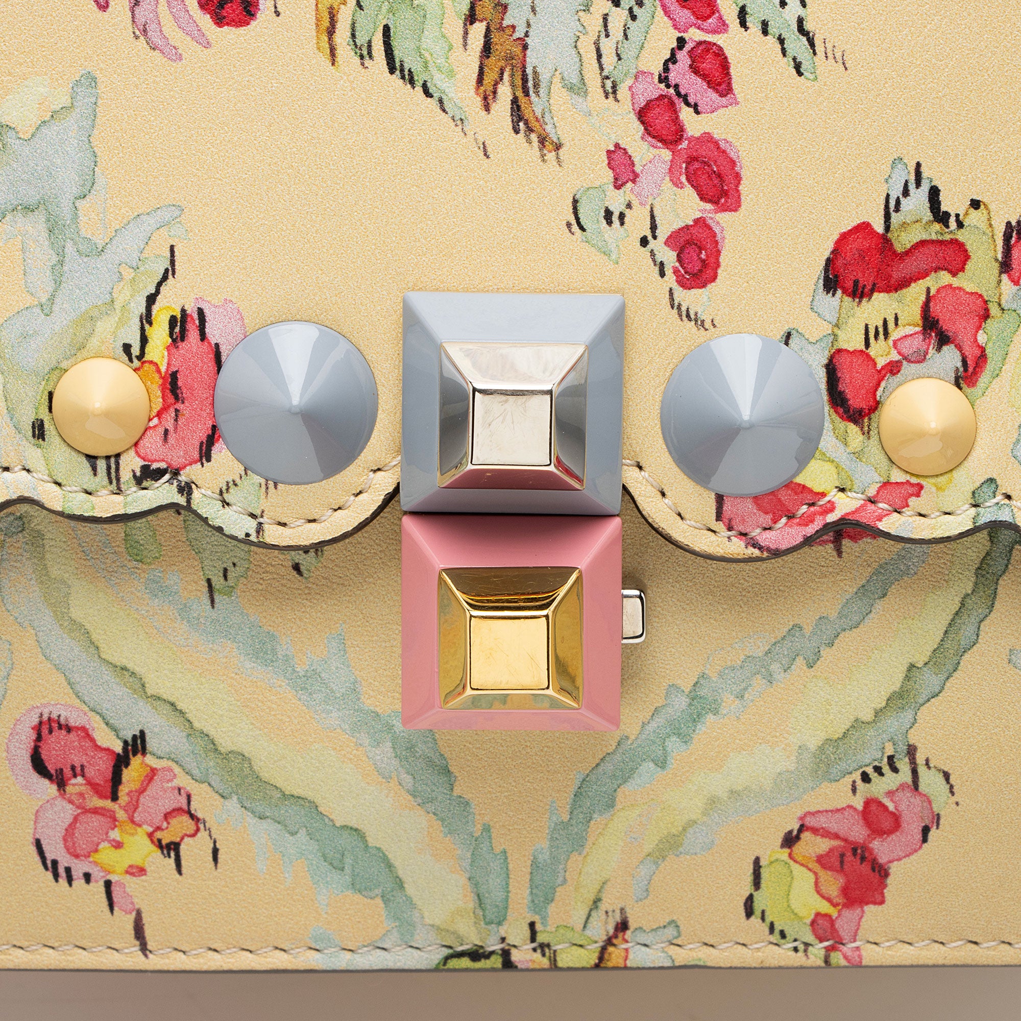 Fendi Calfskin Studded Multicolor Floral Kan I Small Shoulder Bag