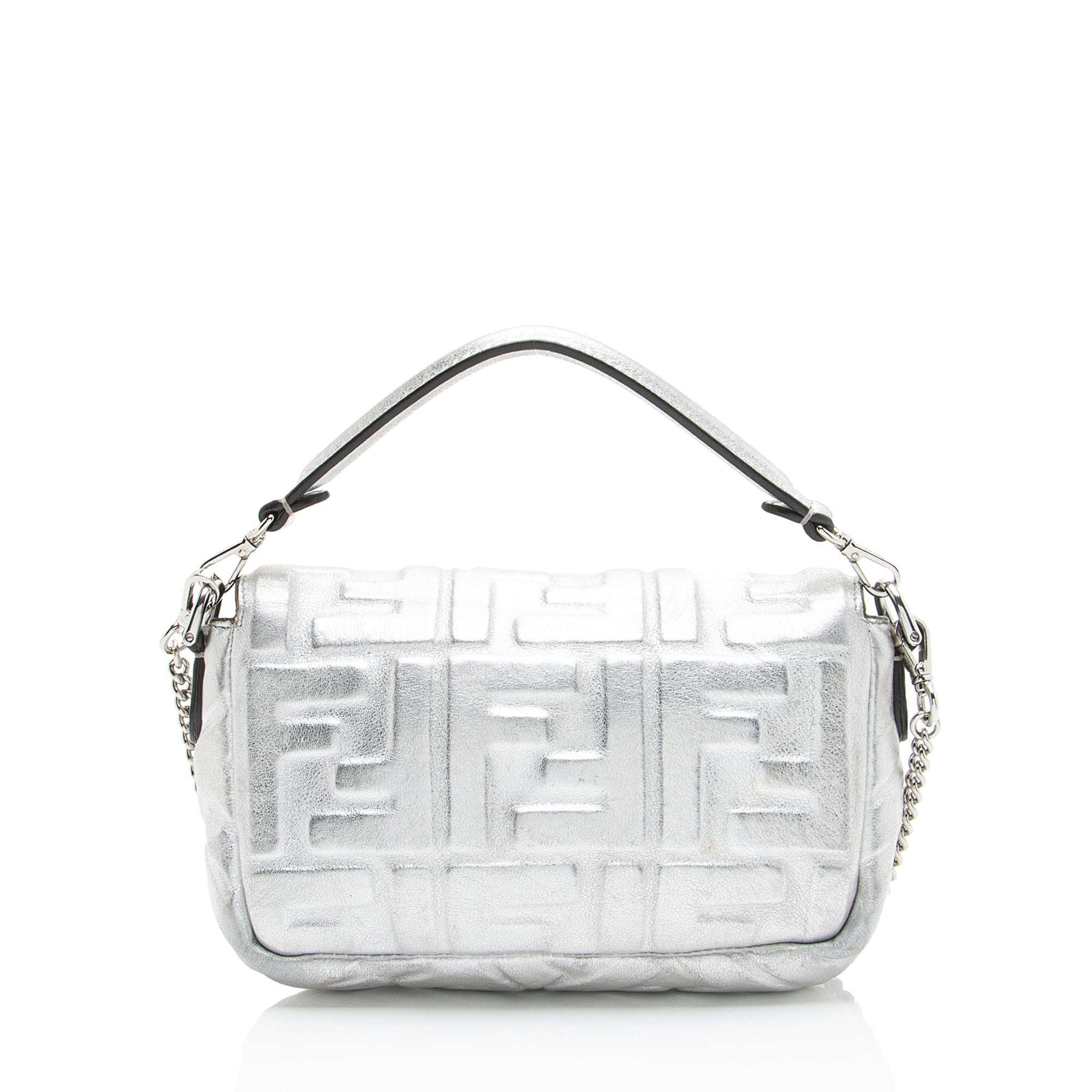 Fendi FF Embossed Metallic Leather Baguette Mini Shoulder Bag