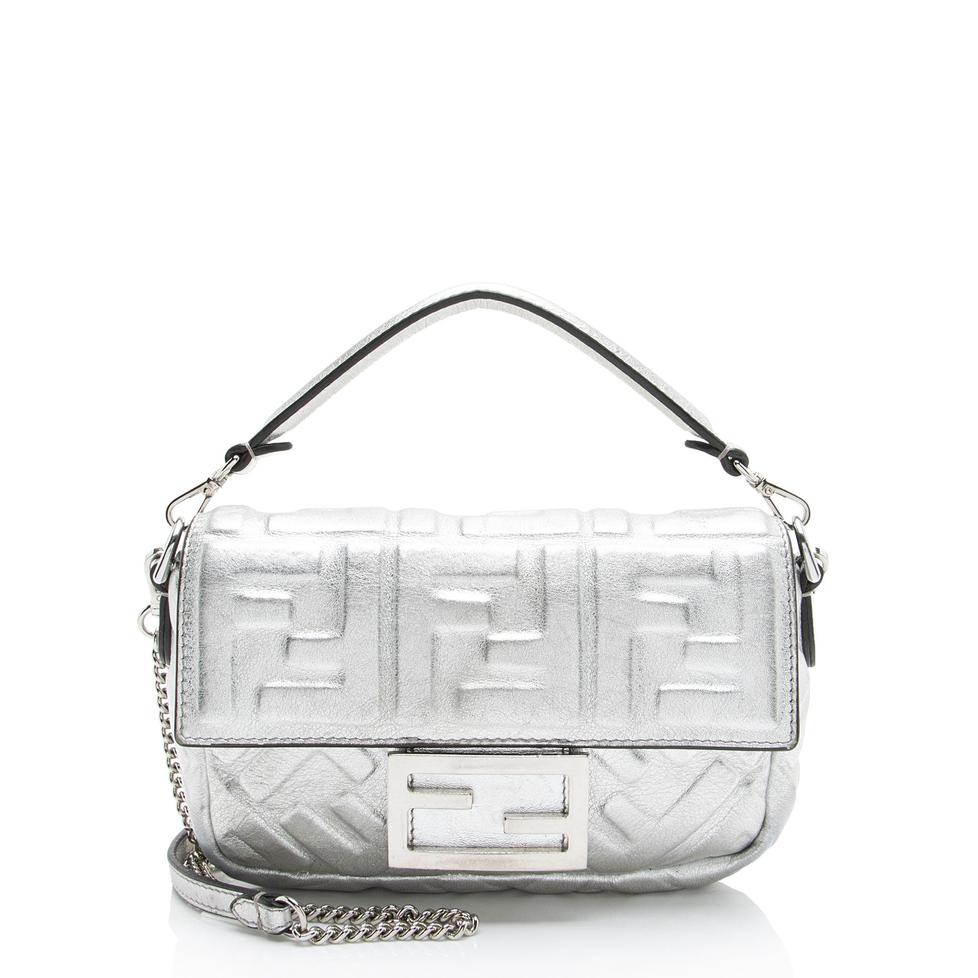 Fendi FF Embossed Metallic Leather Baguette Mini Shoulder Bag