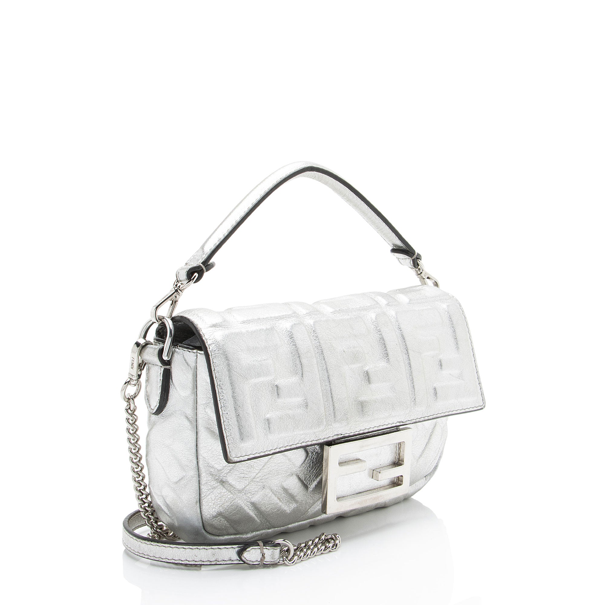Fendi FF Embossed Metallic Leather Baguette Mini Shoulder Bag