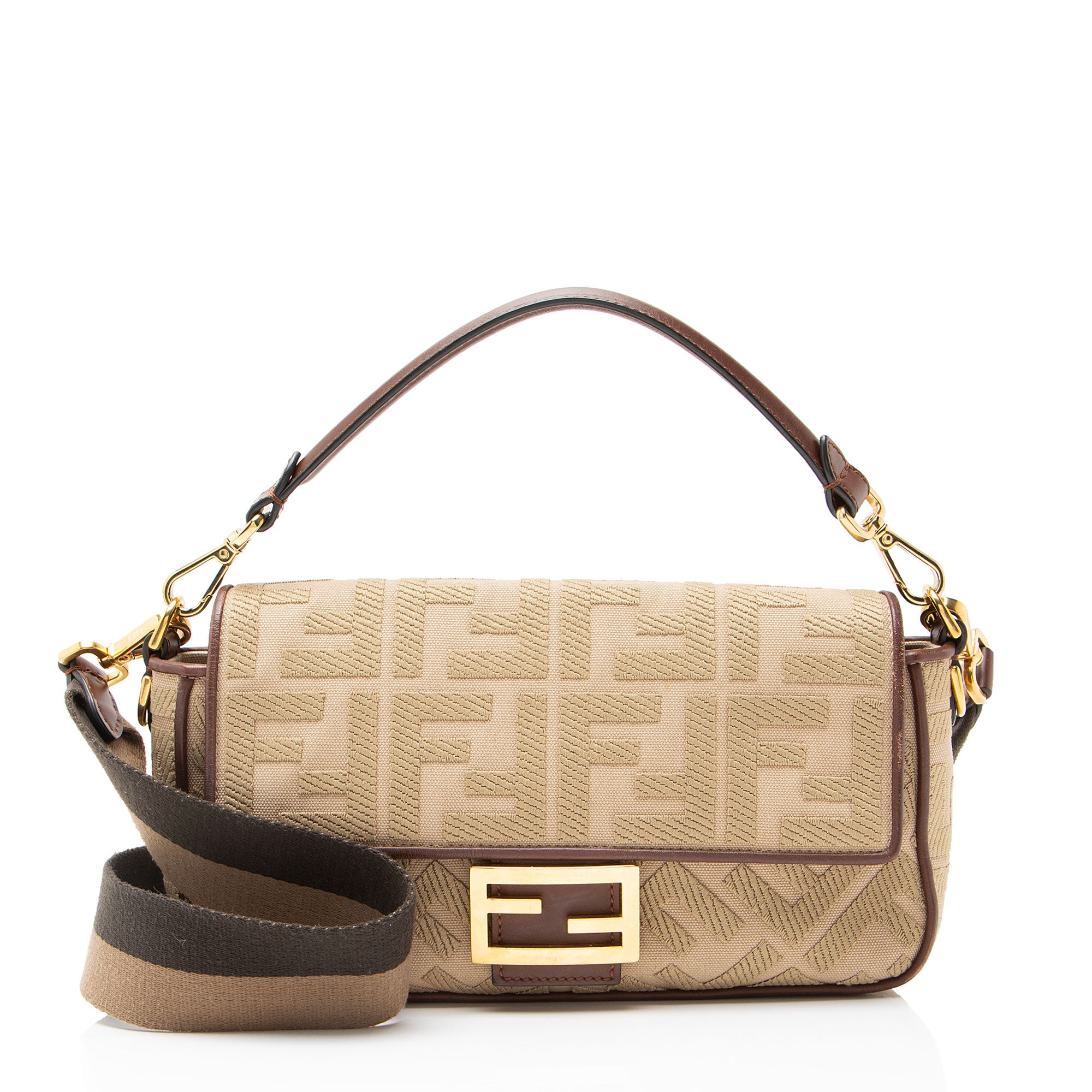 Fendi FF Embroidered Canvas Baguette Shoulder Bag