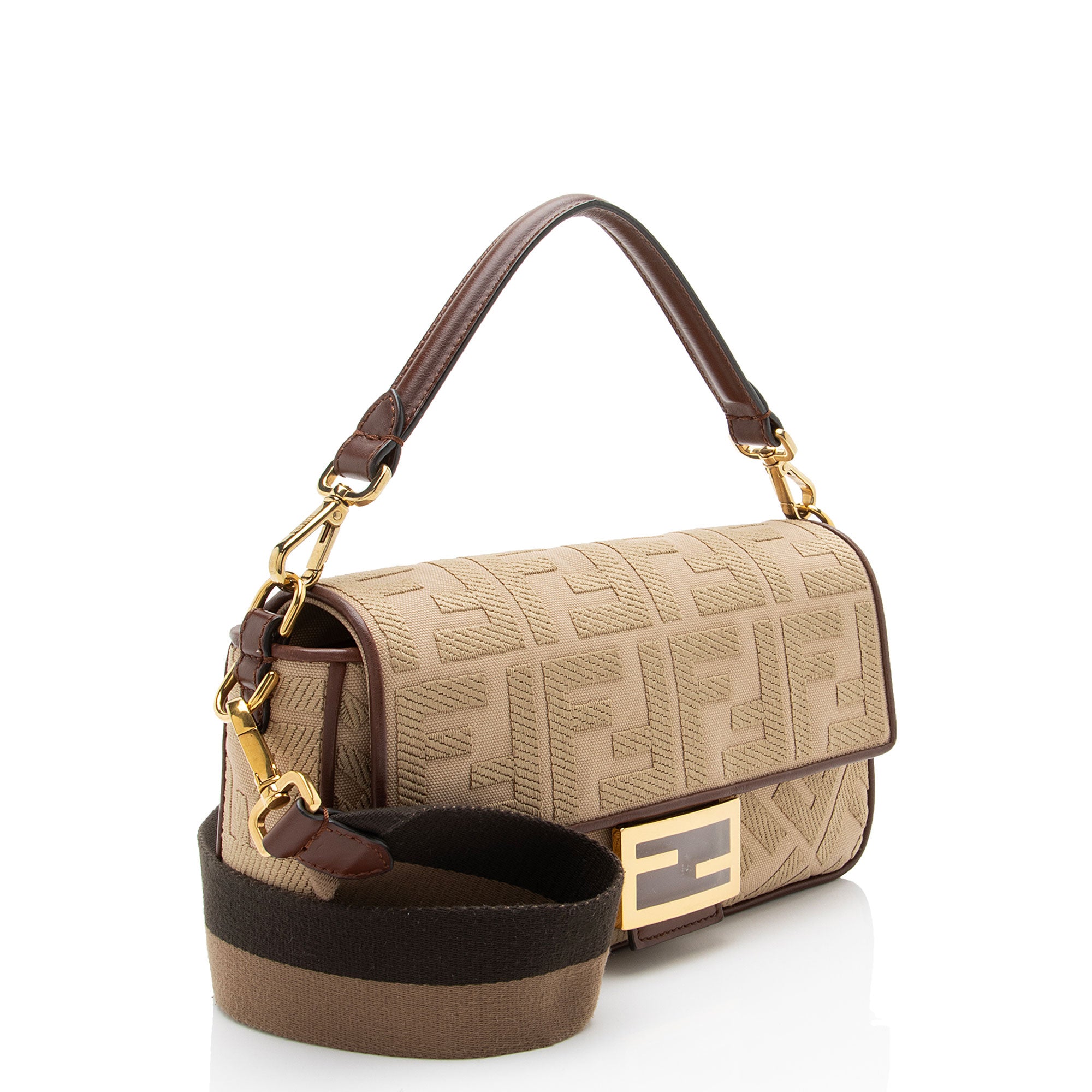 Fendi FF Embroidered Canvas Baguette Shoulder Bag