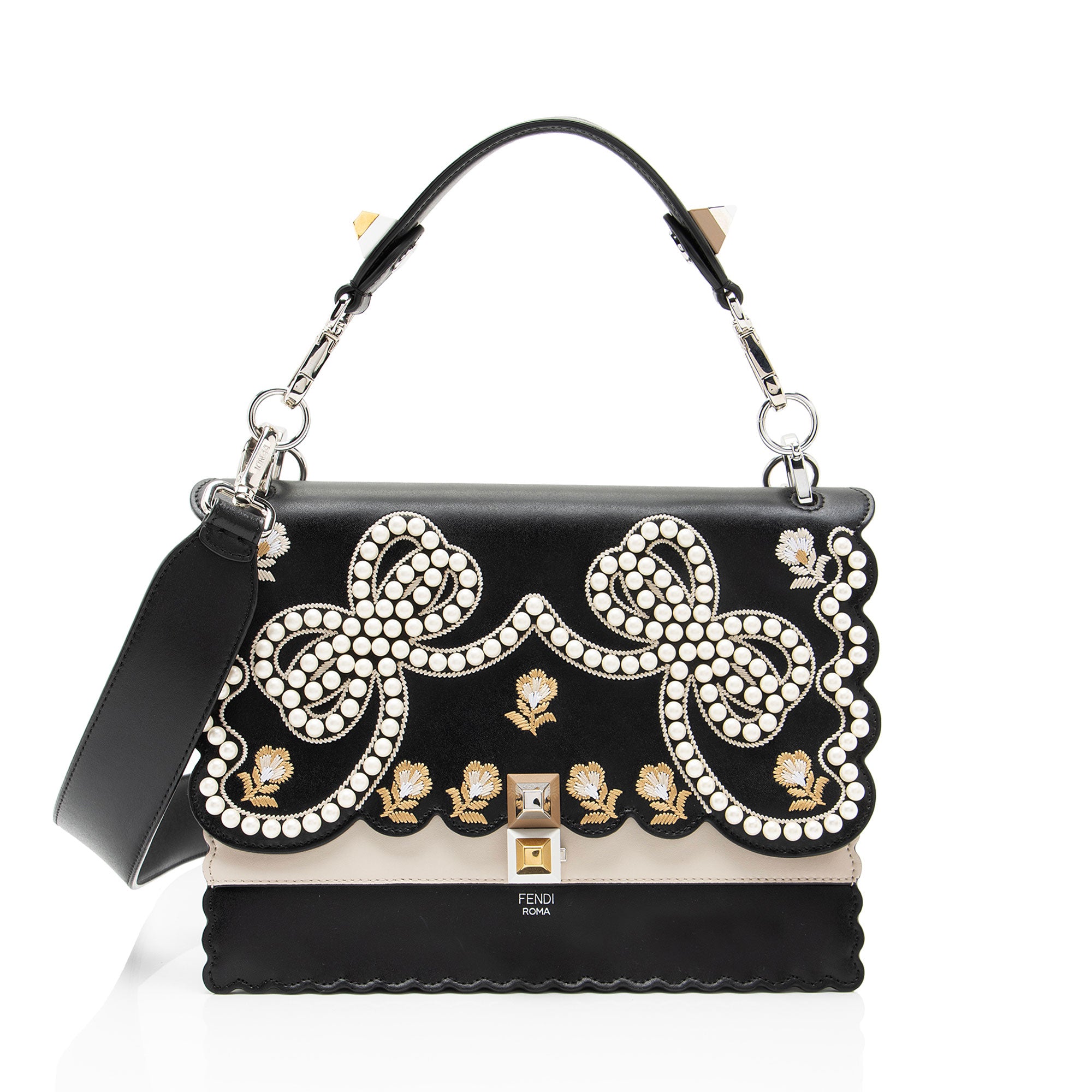 Fendi Leather Embroidered Flowers and Bows Kan I Medium Shoulder Bag