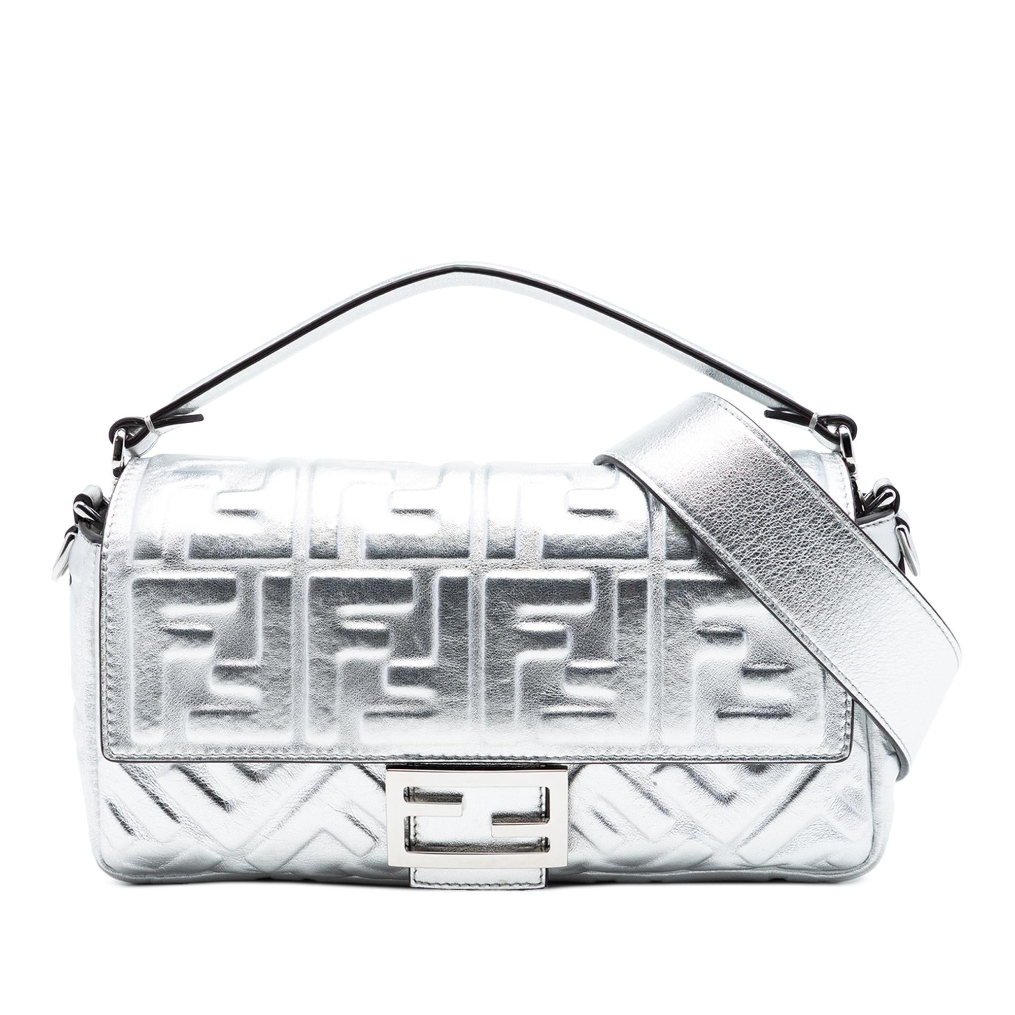 Fendi Medium Metallic Leather Embossed FF Baguette Satchel