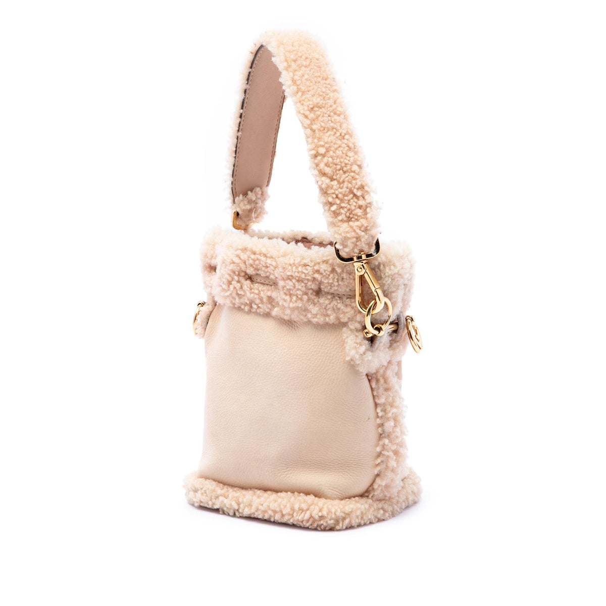Fendi Mini Shearling Trimmed Leather Mon Tresor Bucket Bag