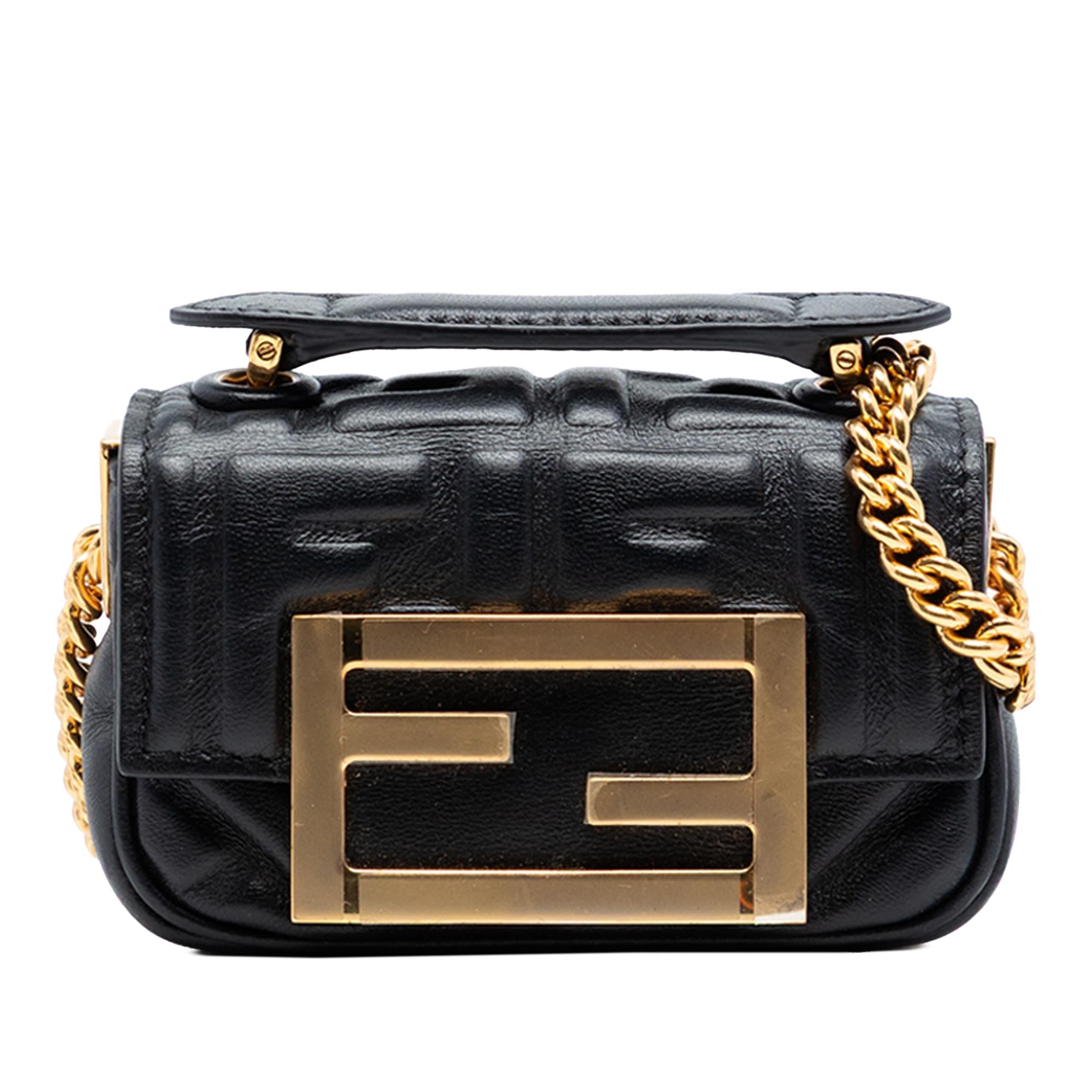 Fendi Nano Zucca Embossed Leather Baguette Chain Bag