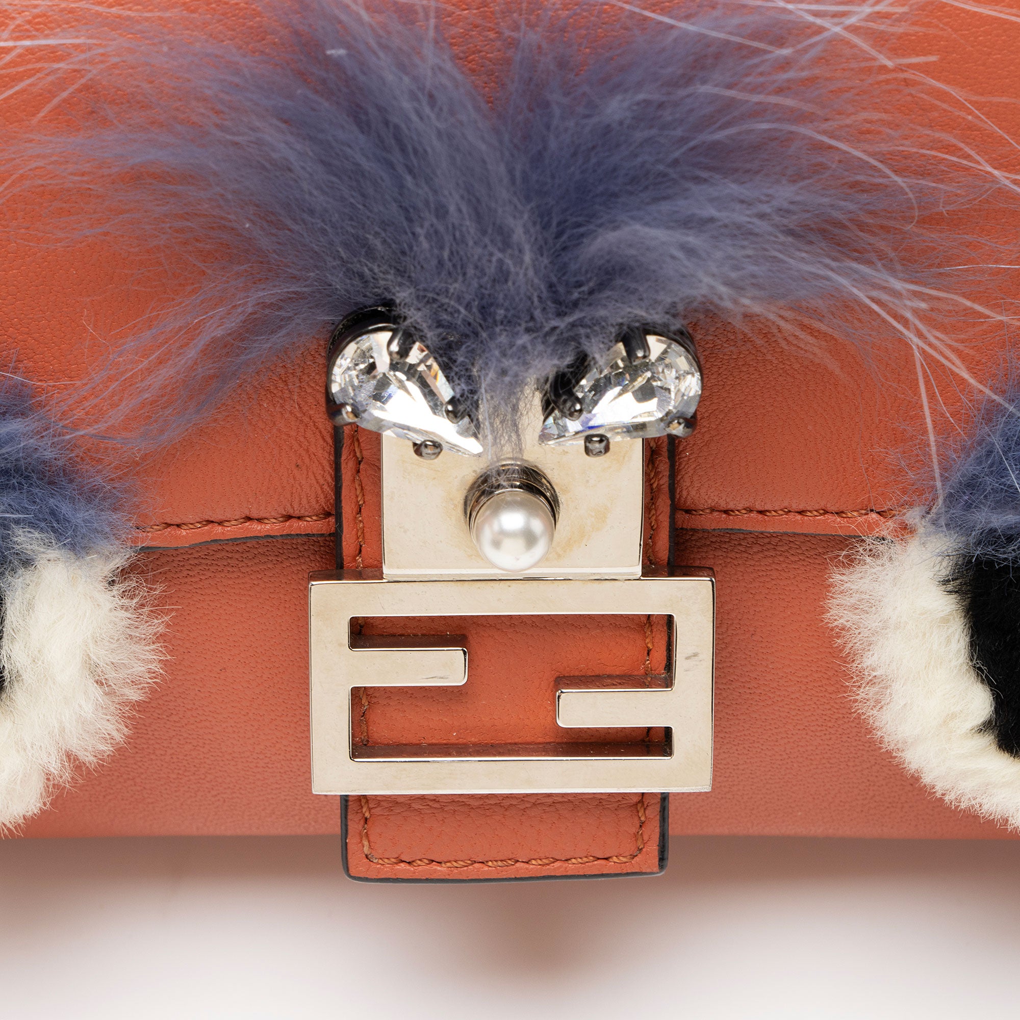 Fendi Nappa Leather Fox Fur Crystal Micro Buggie Baguette Bag