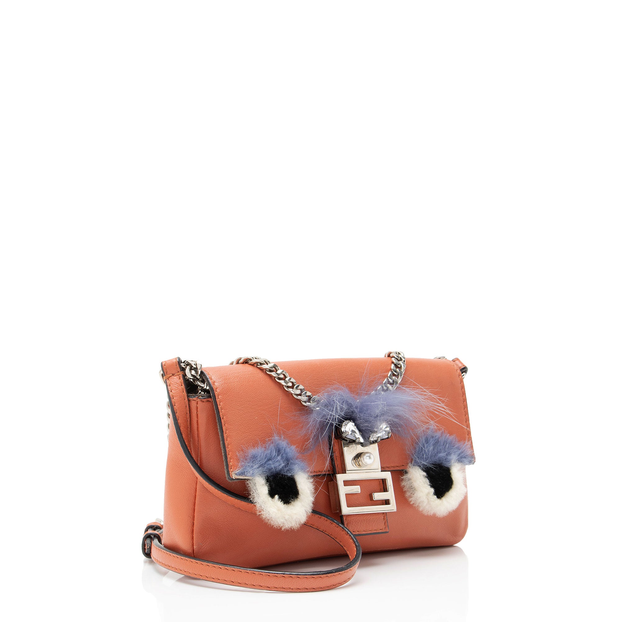 Fendi Nappa Leather Fox Fur Crystal Micro Buggie Baguette Bag