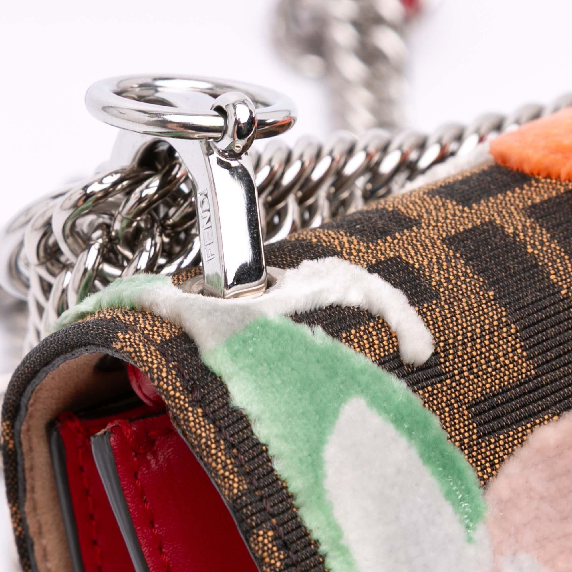 Fendi Small Velvet Embroidered Zucca Canvas and Leather Kan I Crossbody