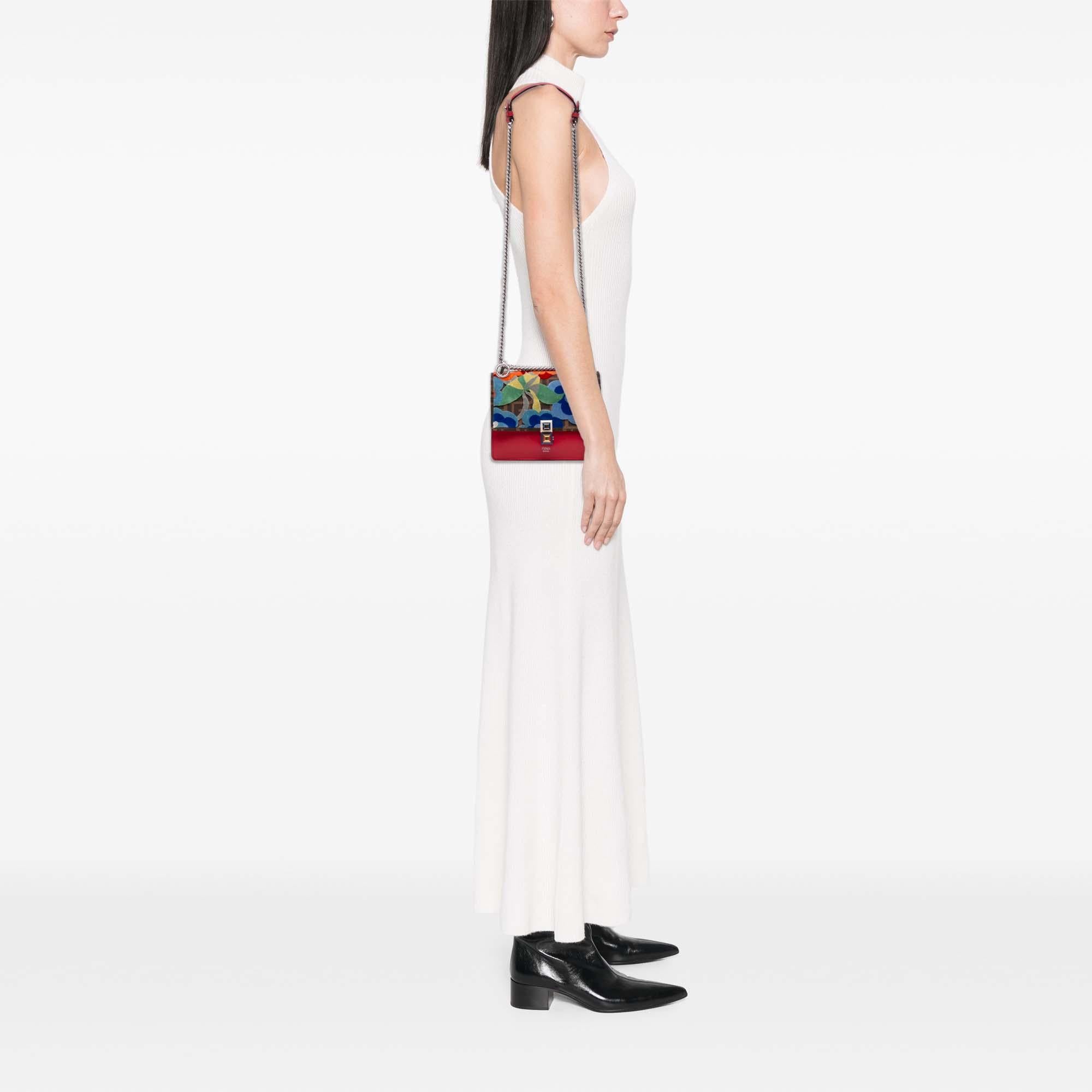Fendi Small Velvet Embroidered Zucca Canvas and Leather Kan I Crossbody