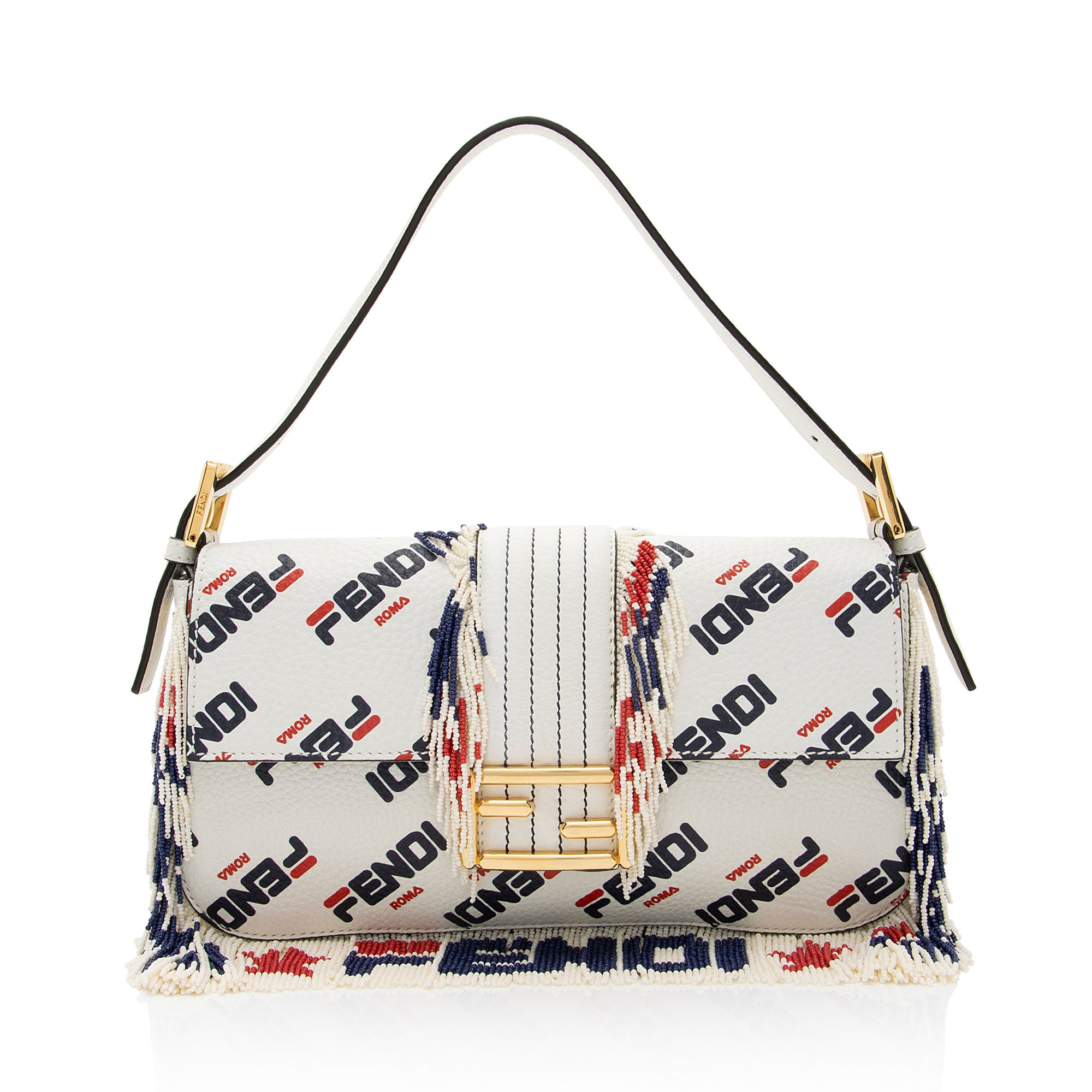 Fendi X Fila Mania Calfskin Beaded Baguette Shoulder Bag (SHF-bdJOQe)