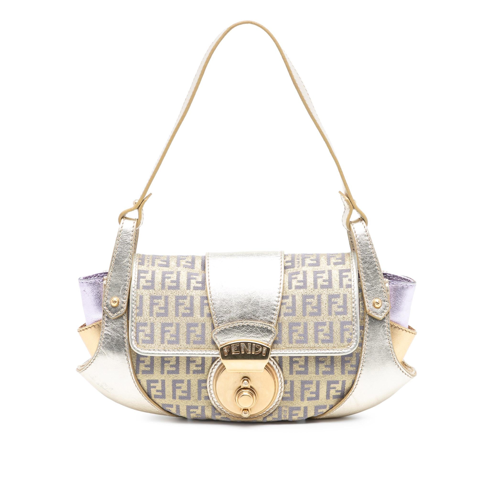 Fendi Zucchino Coated Canvas and Metallic Leather Compilation Shoulder