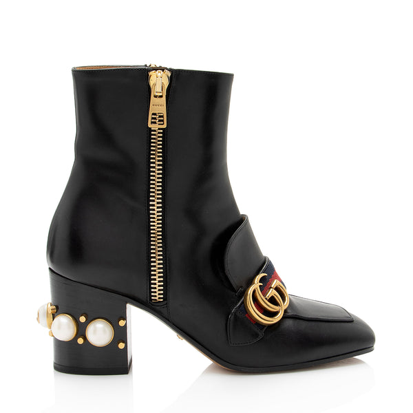 Gucci Calfskin GG Web Pearl Peyton Ankle Boots - Size 7 / 37 (SHF-NfjHOv)