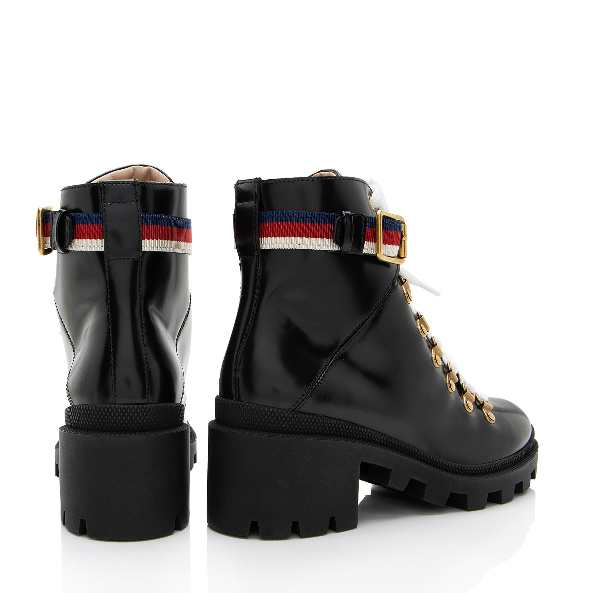 Gucci Calfskin Web Sylvie Combat Boots - Size 6 / 36