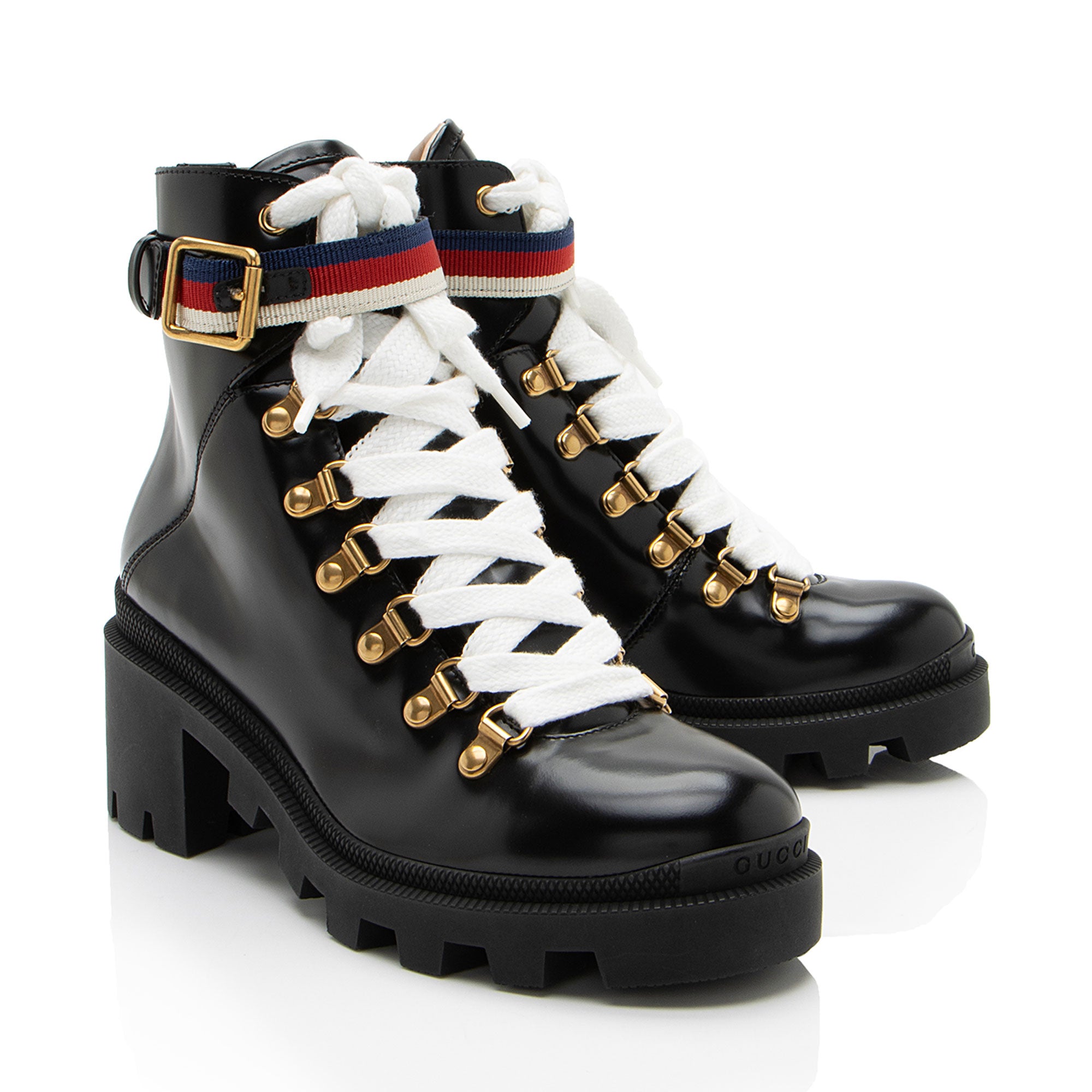 Gucci Calfskin Web Sylvie Combat Boots - Size 6 / 36