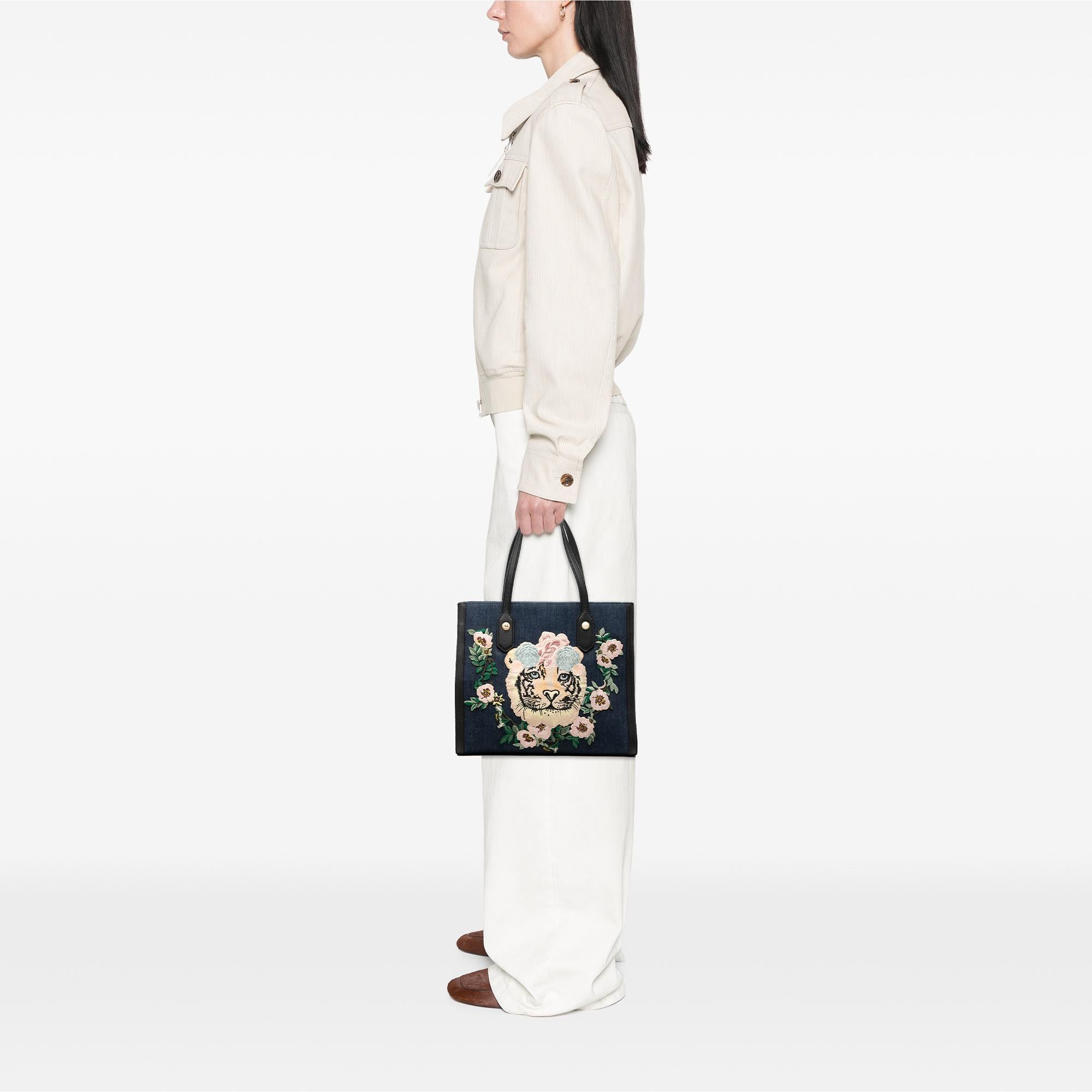 Gucci Denim Embroidered Tiger Tote