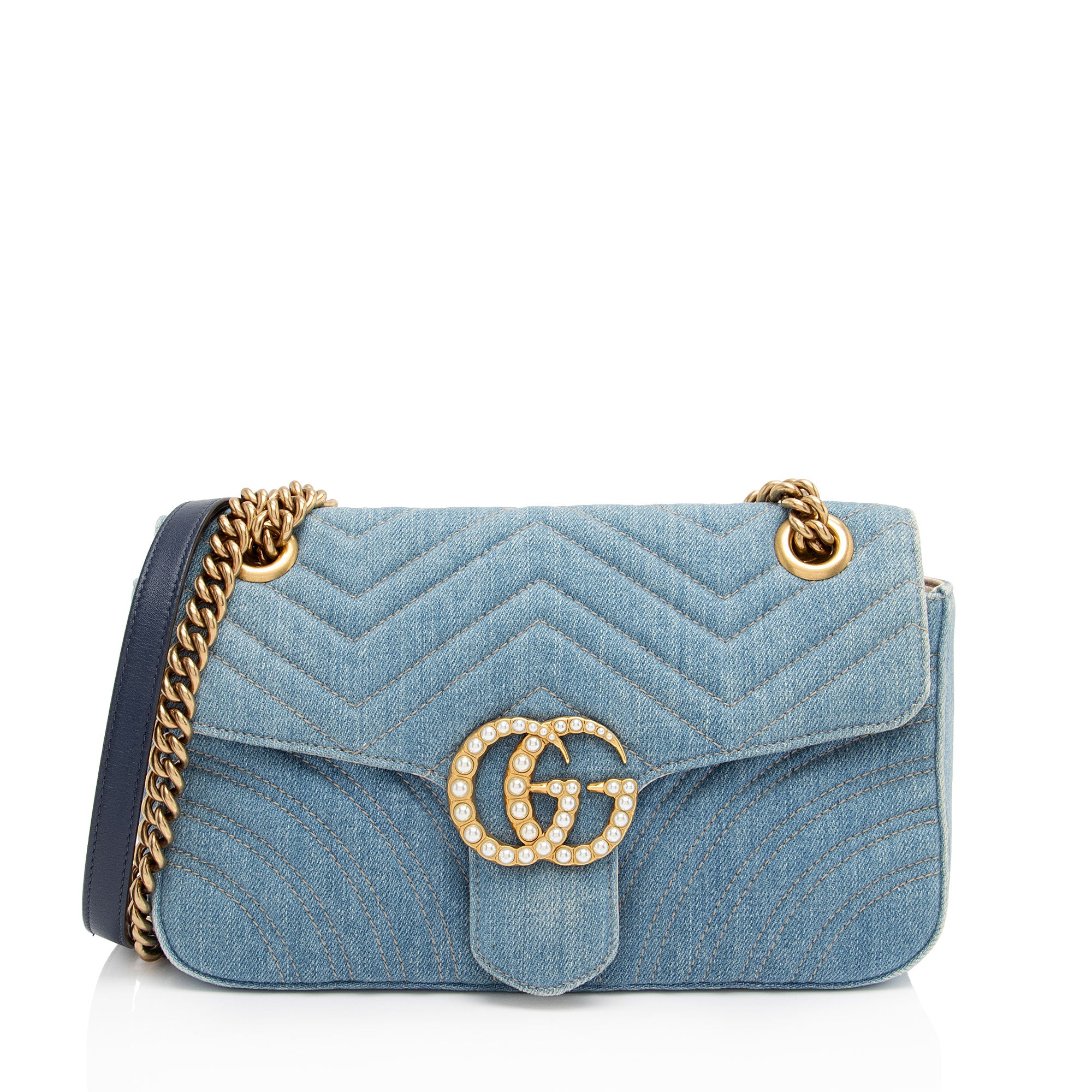 正規品　GUCCI デニムバケハ Gucci Vanity medium top handle bag in blue and white GG denim