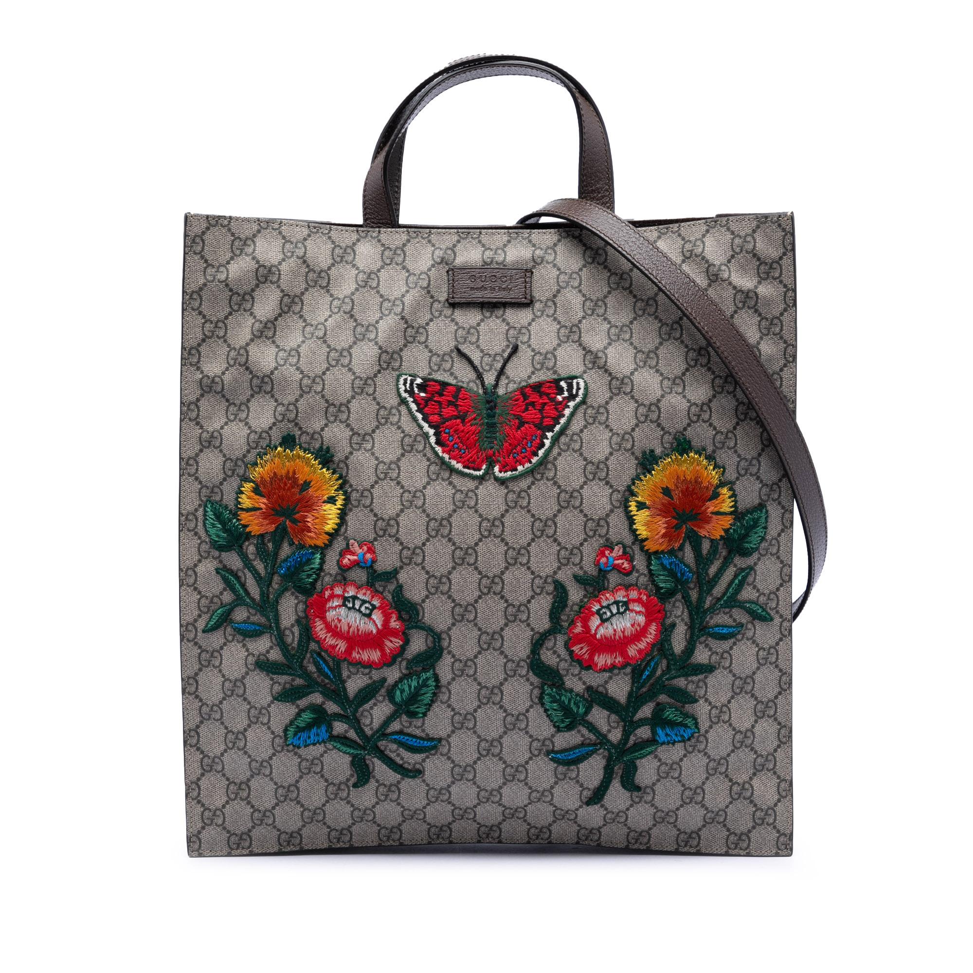 Gucci GG Supreme Butterfly and Flower Embroidery Convertible Soft Tote