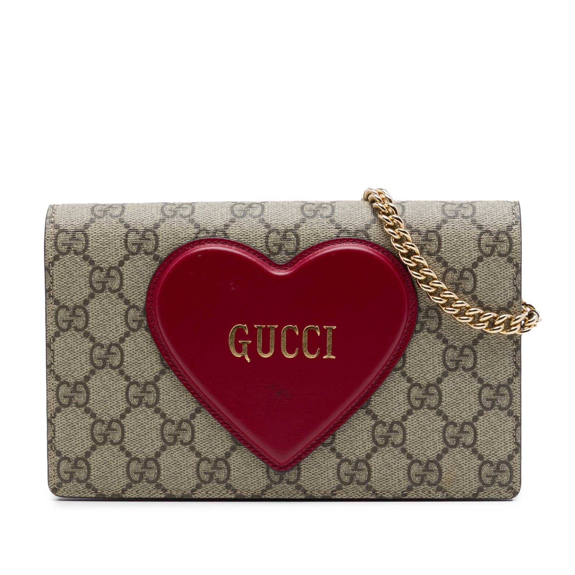 Gucci GG Supreme Heart Embellished Wallet on Chain